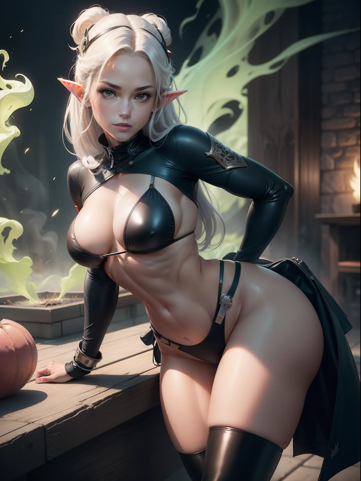masutepiece, of the highest quality, posterior view, posterior view, Queen of Grey Elves, bikini of, central, Belt bag, Peach Boots, viewer, Face, Portrait, Glowing eyes, Green smoke, Ass, Black background, Raised breasts, Bare skin, Gentle smile, devil's figure, Docking screen, Muscle Girl, Krautin Greg Open, Lower body