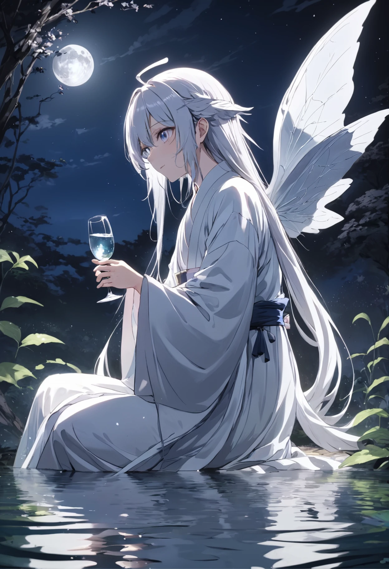 Yugetsu-kun: The moon is reflected in the pond in the distance，The surface of the water ripples with silver，The moonlight shone on a man dressed in a white fairy robe。He gracefully raised his glass of wine，The eyes reveal tenderness and mystery。The whole picture is surrounded by the soothing night，A gentle breeze ruffled his long flowing hair，Merge him with the night。