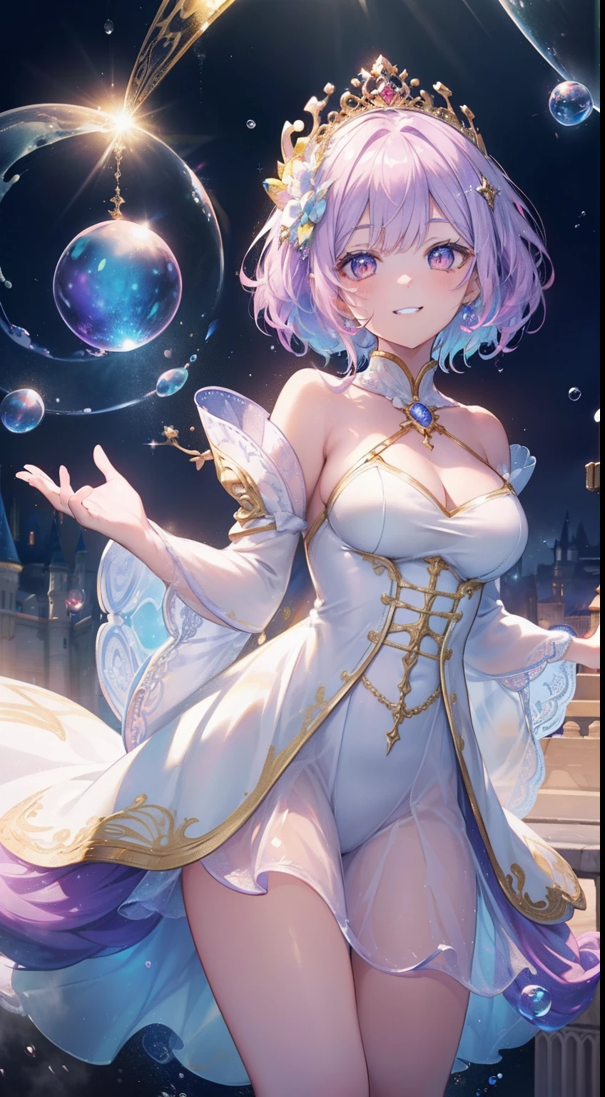 (((masterpiece, best quality, 8k resolution, sharp focus, Intricate details, beautiful girl, glowing eyes, Face Golden Ratio, otherworldly liquid, watercolor, ((Pastel)), Bright colors, whimsical, Multifaceted, focus sharp, very high resolution, fine detail, princess costume sexy ball, ((round eyes)), iridescent bubbles, castle landscape in background), standing, (mouth open), lips, (smiling), (teeth)