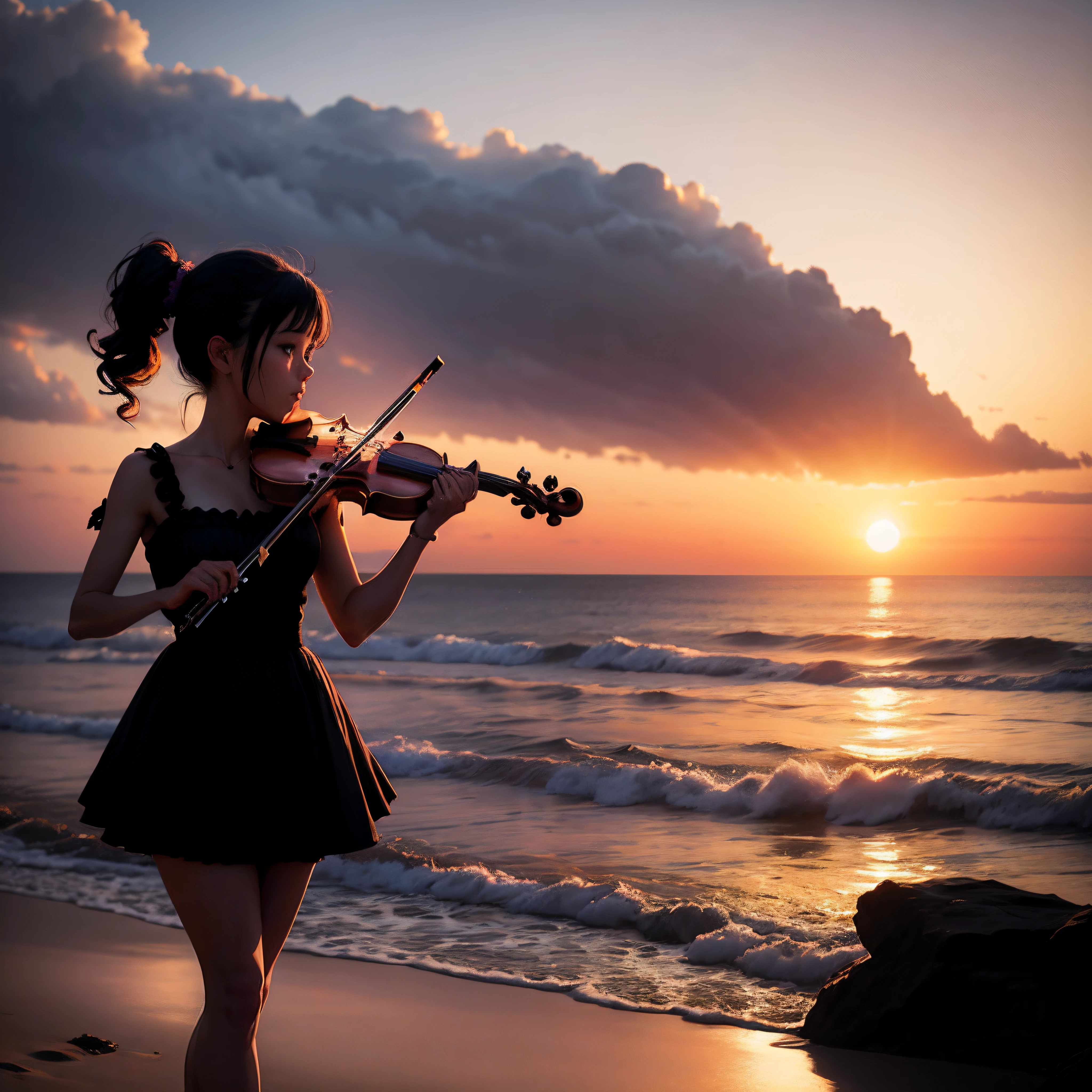 A silhouette of a fairy playing a violin, nearby a beautiful beach with the waves in the sunset, 8k, intricated detailed --auto