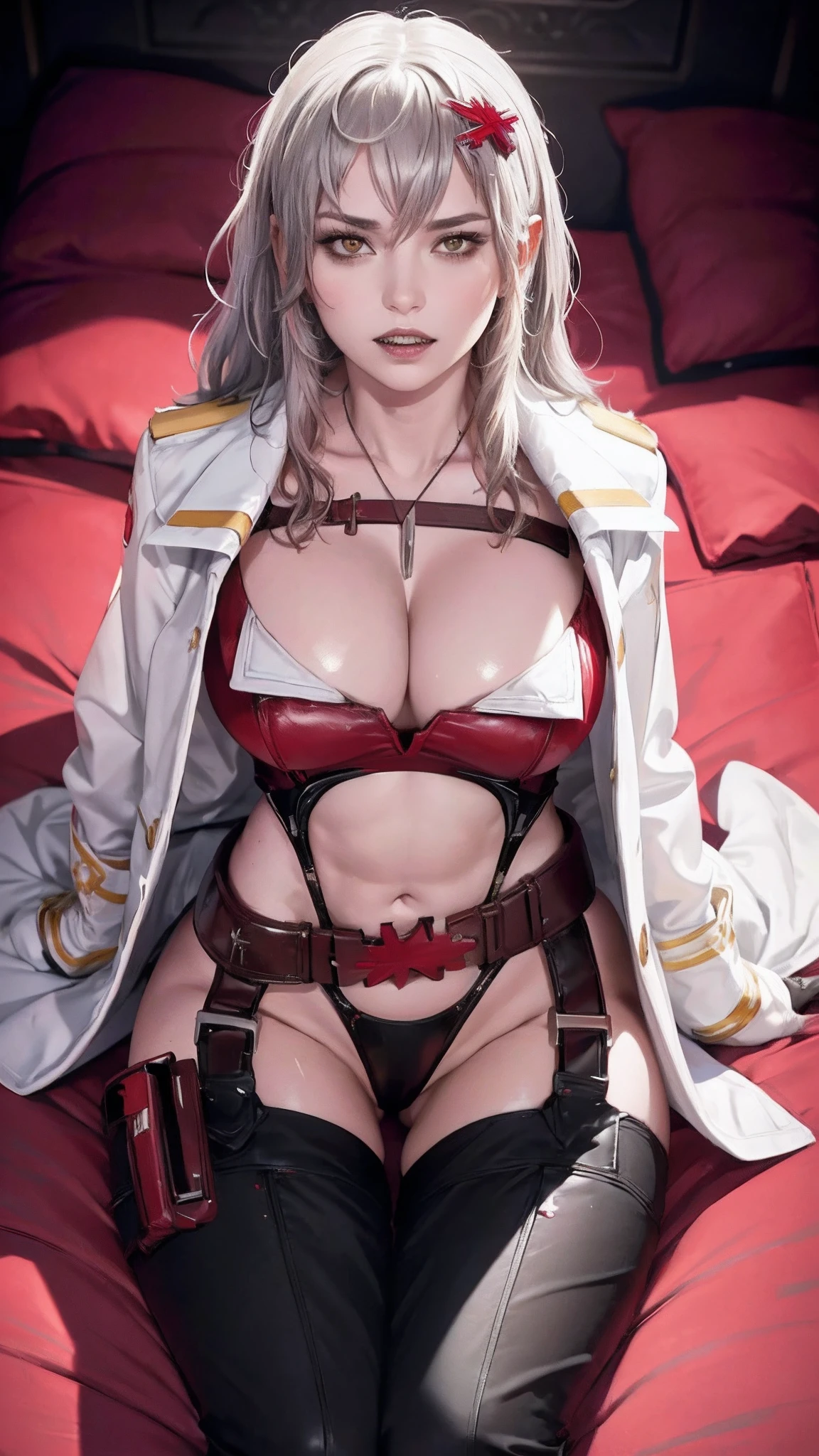 (((beautiful))),yulha,hair ornament, white coat, black gloves, red shirt, cleavage, leotard, belt, black pants,sharp teeth,huge breasts,(((shiny skin))), ((intricate details)), hdr, ((intricate details, hyperdetailed)), cinematic shot, (((sitting in bed))), vignette, art by alphonso mucha