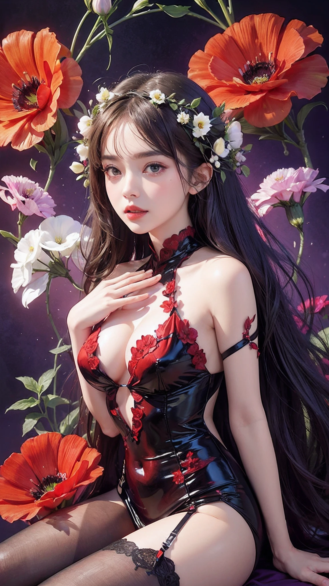 1girl, long hair, flower, Lisianthus, in the style of red and light azure, dreamy and romantic compositions, red, ethereal foliage, playful arrangements, fantasy, high contrast, ink strokes, explosions, over exposure, purple and red tone impression, abstract, sitting, whole body capture,