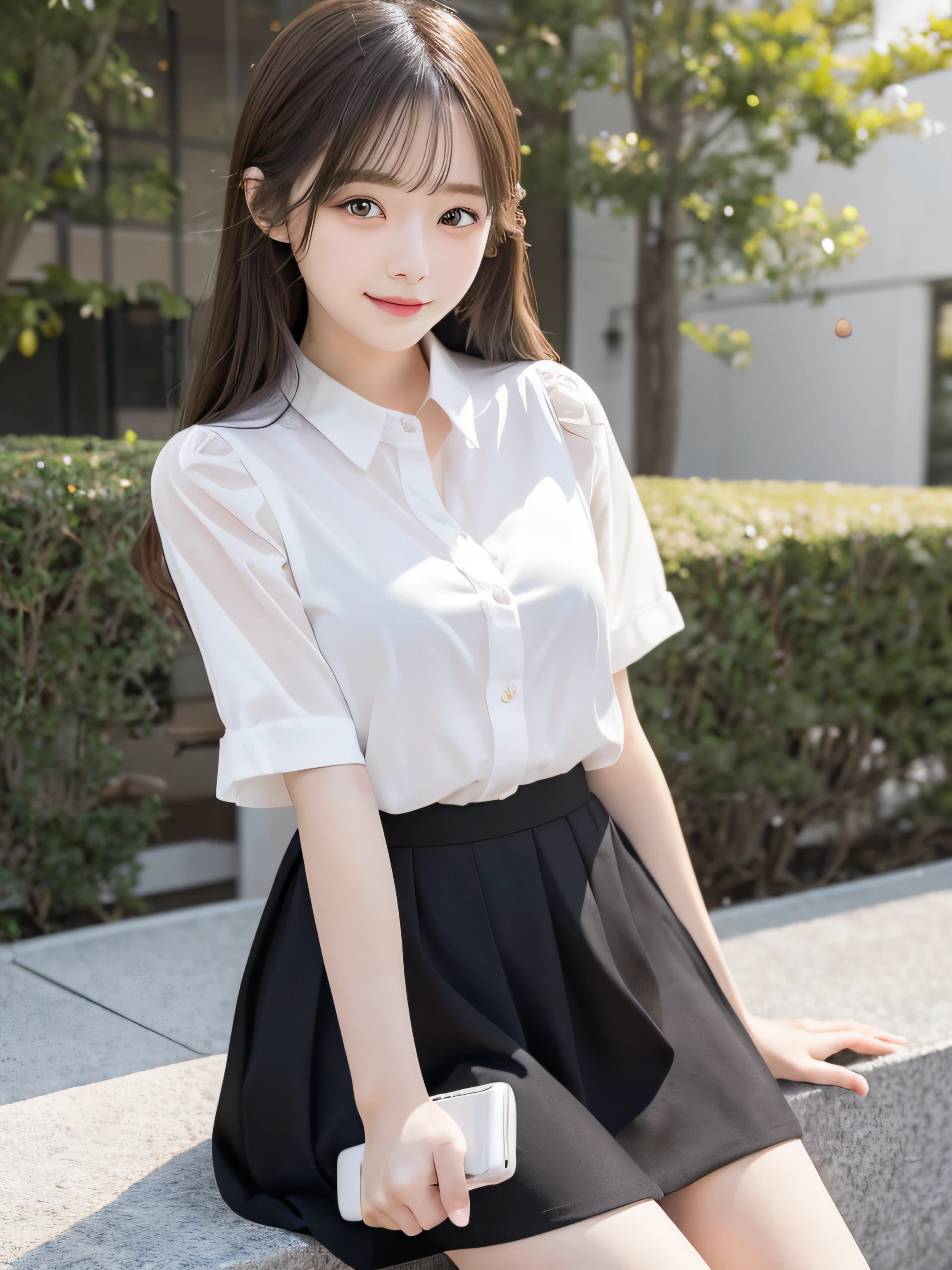 masterpiece、top-quality、Official Art、Highly detailed CG Unity 8k wallpapers、Like a girl、a very delicate and beautiful、超A high resolution、(Photorealsitic:1.4)、Golden Hour Lighting、(The upper part of the body)、(Platinum Shorthair:0.8)、(Puffy eyes)、looking at the viewers、facing the front there、laughing、JK Skirt、robe blanche、Shirt Lift Long Black Hair、14 yea