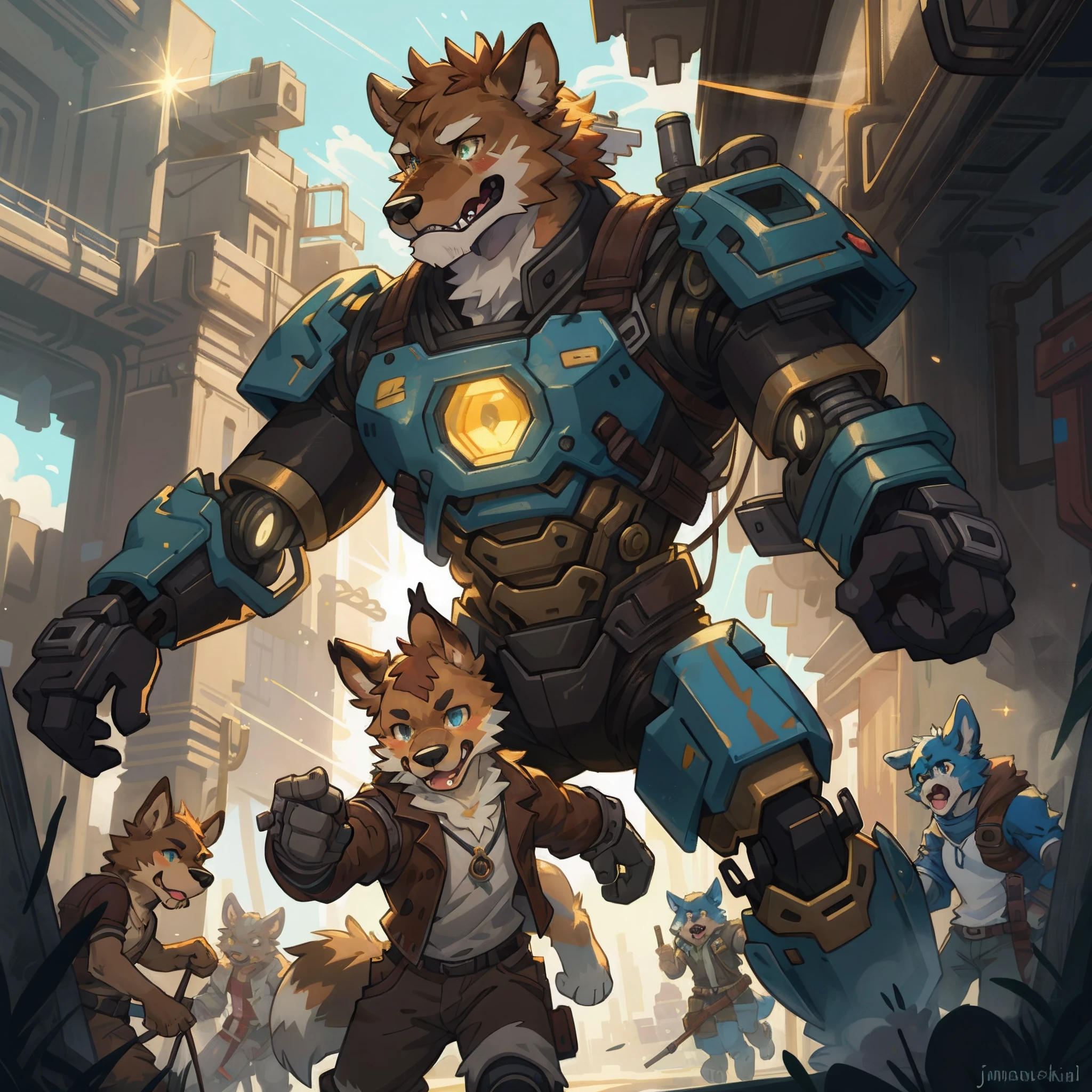 top quality, High-quality illustrations by Johannes Vermeer, masterpiece, Dark_Fantasy, Cyberpunk, steam punk(super handsome boy, single, kemono)Mechanical marvel, Robotic presence, Cybernetic guardian, wearing a worn-out mech suit, intricate(steel metal, rusty)(furry anthro:1.7)(Furry body, dog facial features, dog body features)elegant, clear focus, shot by greg rutkowski, 6+boys, 6+girls, absurdres(highly detailed beautiful face and eyes)perfect anatomy, expression, caustics, dynamic lighting, light rays, light particles, lens flare, cinematic shadow(kemono, furry anthro)assorted poses, dynamic angle,