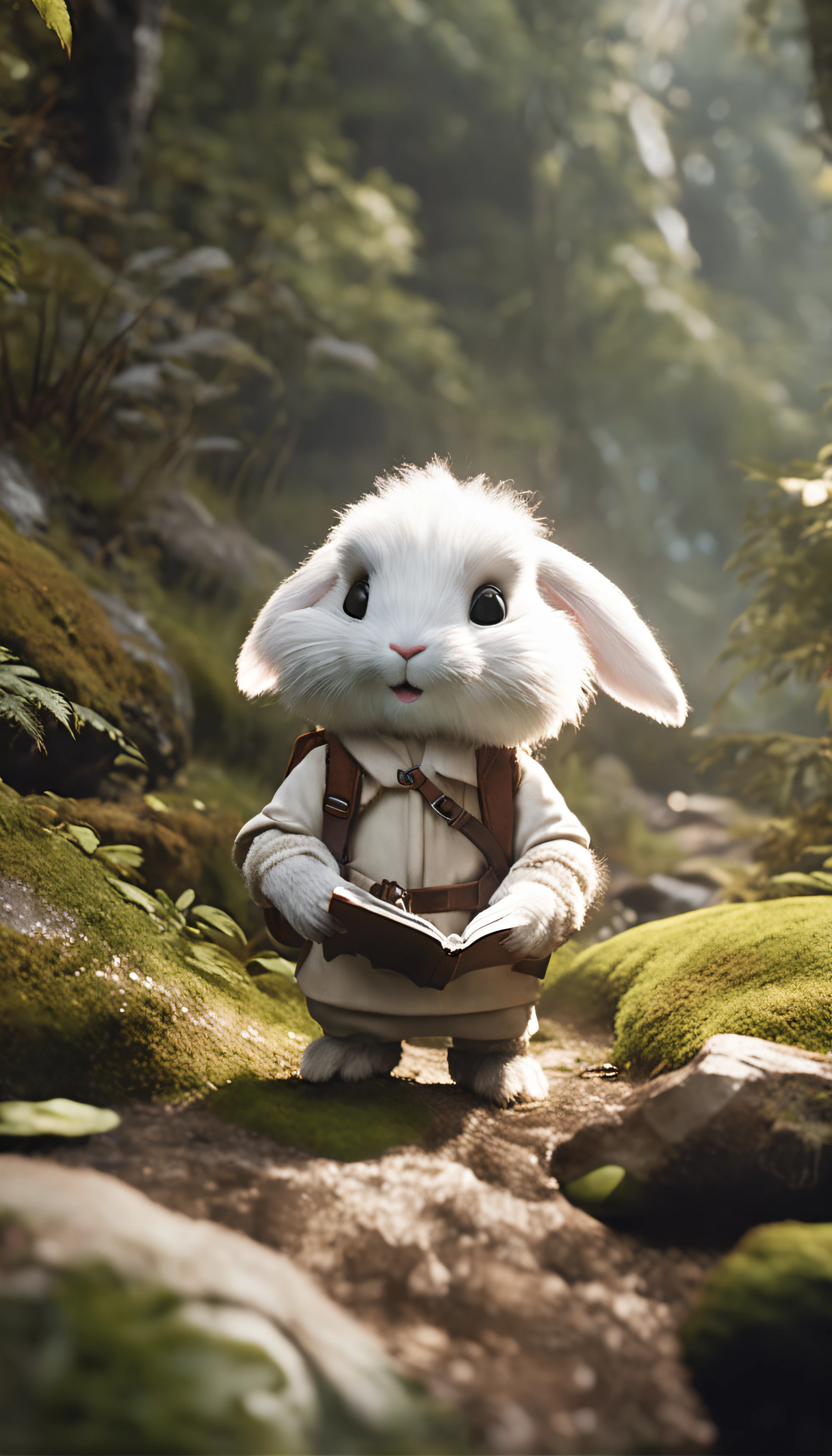 Classic negative portrait photo, fantasy video game character concept art, a cute white fluffy rabbit with a small brown leather backpack looking at a map hiking through the forest, dungeons and dragons, fantasy, river, haze, halo, Bloom, dramatic atmosphere, dark fantasy film of the 1970s, centered, rule of thirds
