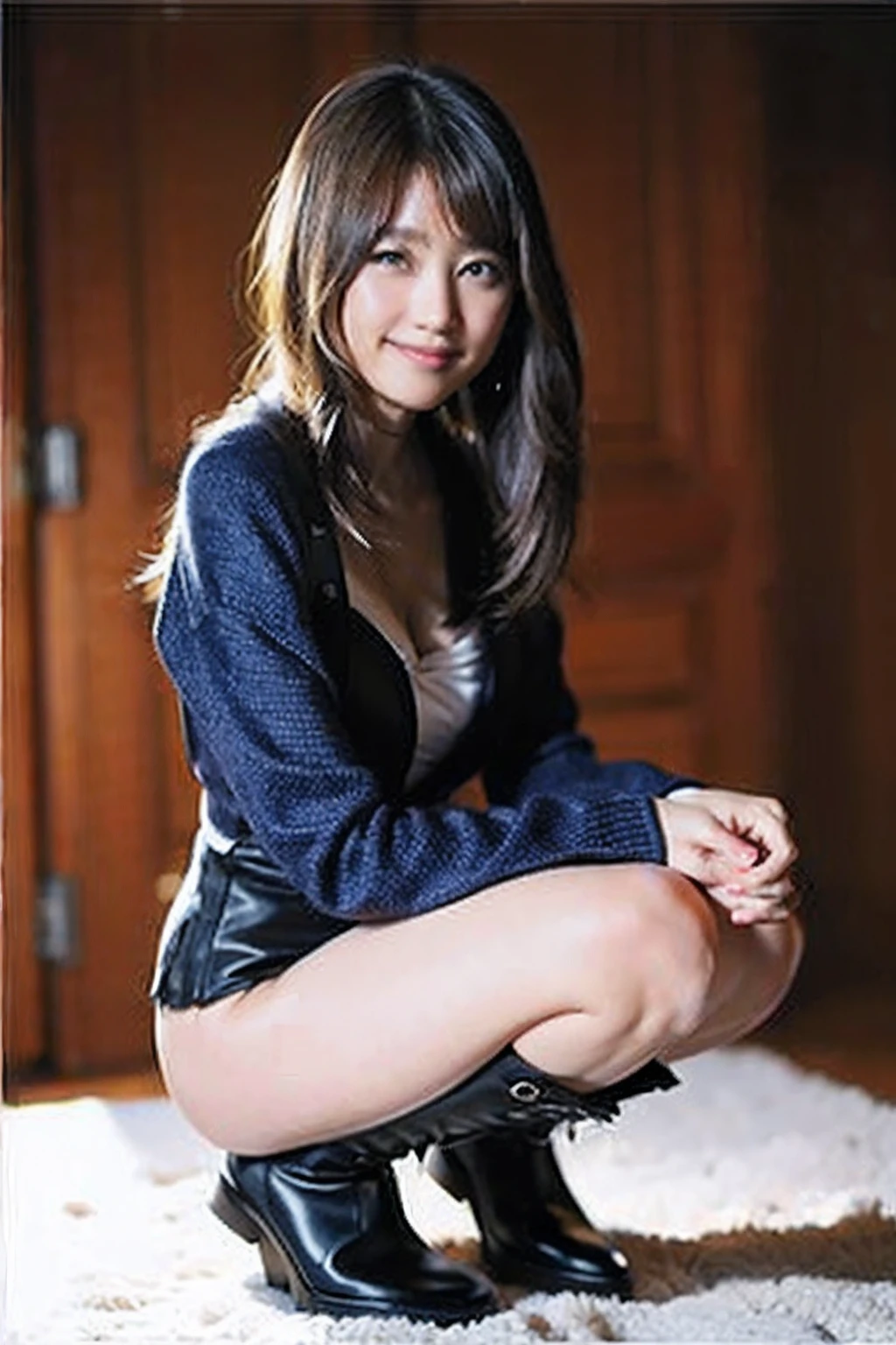 (8k、RAW Photography、top-quality、masterpiece:1.2)、(realisitic、Photorealsitic:1.37)、ultra-detailliert、超A high resolution、1人、see the beholder、beautifull detailed face、a smile、Constriction、(slim waist) :1.3)、corsets、Beautiful detailed skin、Skin texture、floated hair、profetional lighting、kneehigh boots、Squatting and open legs pose