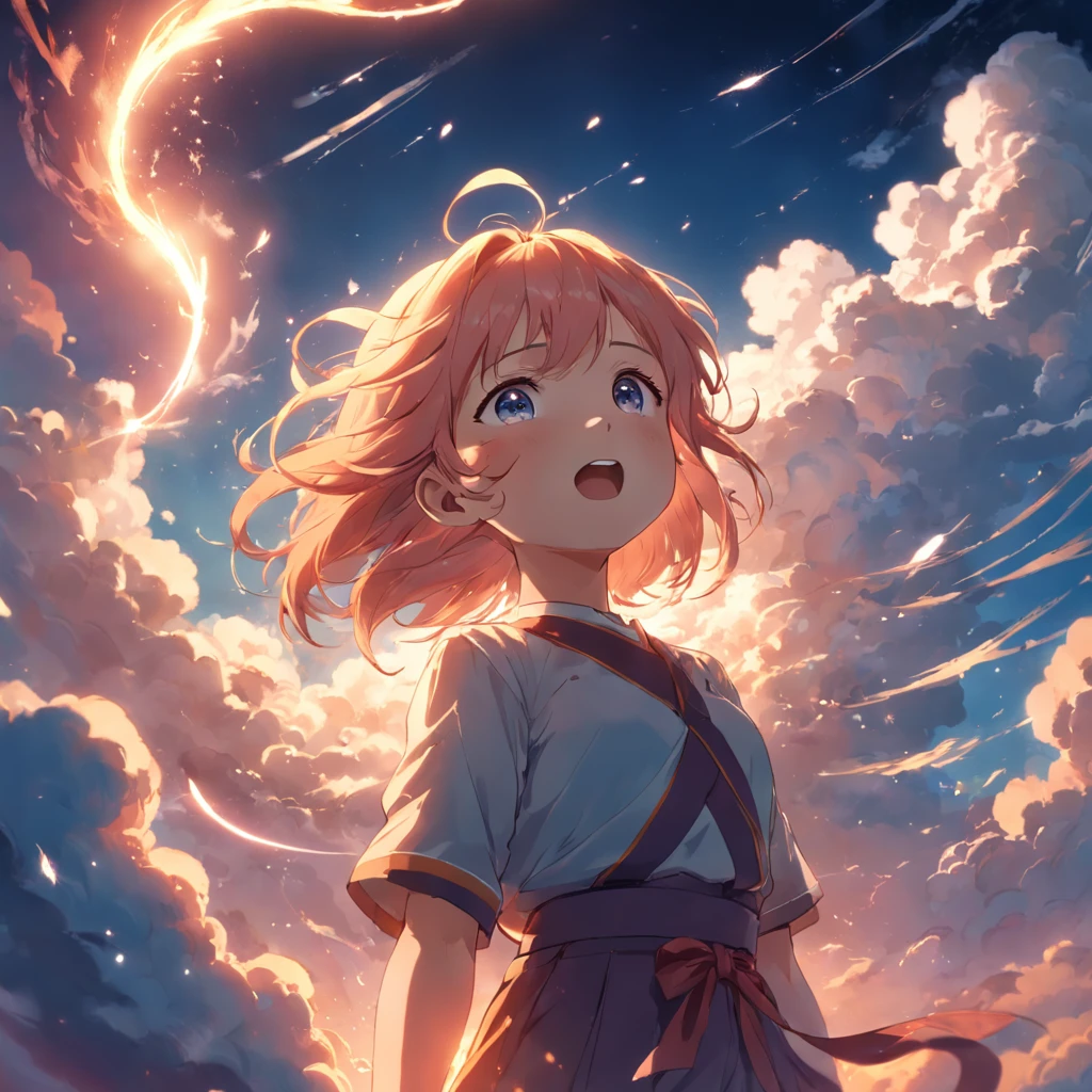 masterpiece, best quality, movie still, 1girl, cloud girl, floating in the sky, close-up, bright, happy, warm soft lighting, sunset, (sparks:0.7)