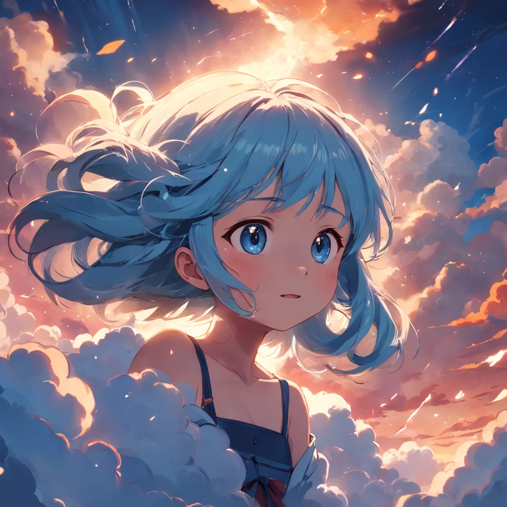 masterpiece, best quality, movie still, 1girl, cloud girl, floating in the sky, close-up, bright, happy, warm soft lighting, sunset, (sparks:0.7)