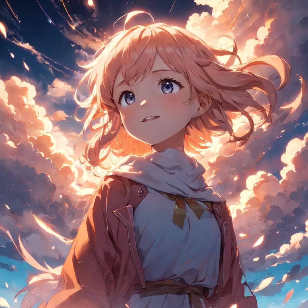 movie still, cloud girl, floating in the sky, (close-up:1.1), bright, happy, fun, warm soft lighting, sunset, sparks