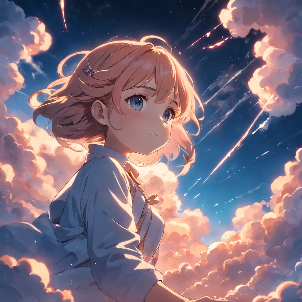 masterpiece, best quality, movie still, 1girl, cloud girl, floating in the sky, close-up, bright, happy, warm soft lighting, sunset, (sparks:0.7)