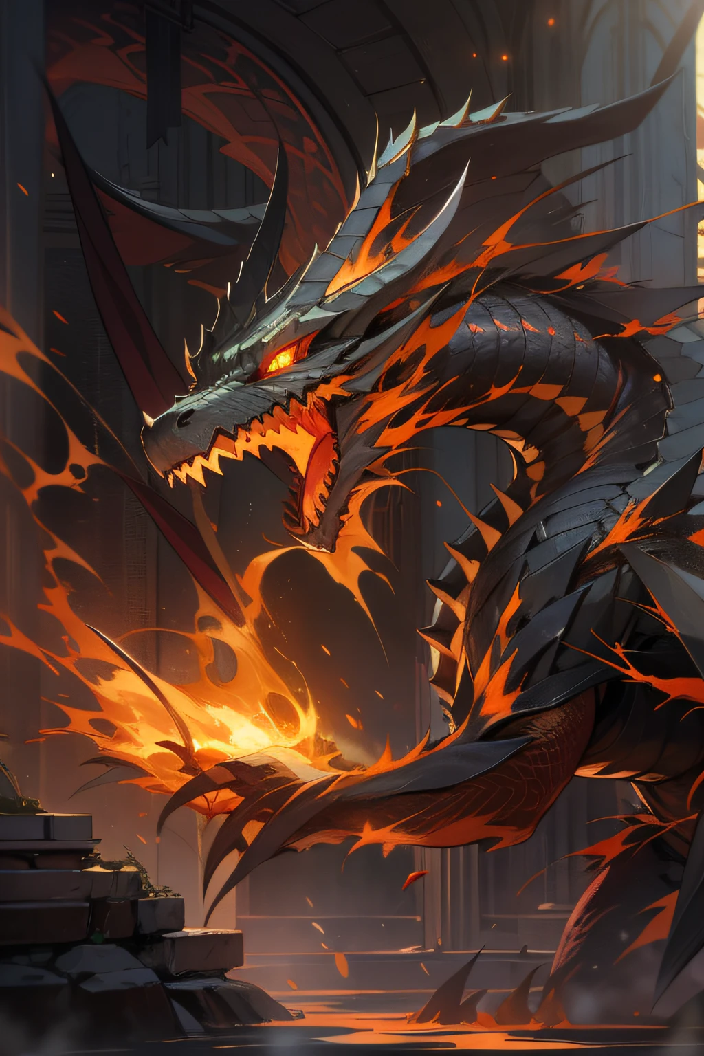 "Immerse yourself in the awe-inspiring grandeur of an enigmatic dragon bathed in the ethereal glow of infernal flames, as ancient symbols channel its mystical power,god,au"