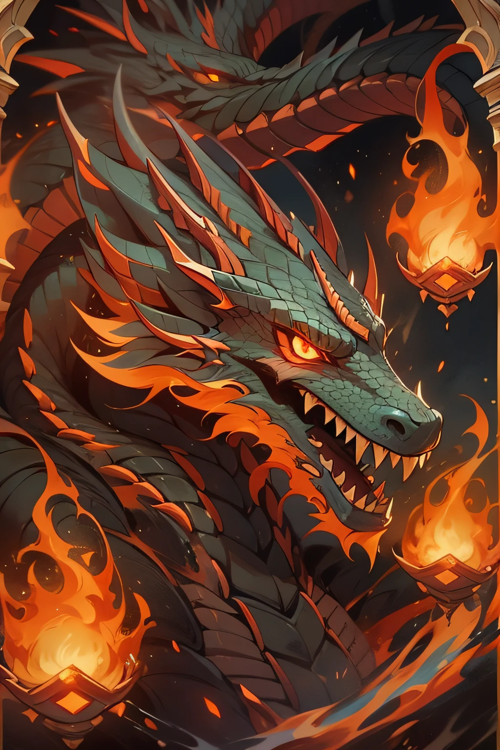 "Immerse yourself in the awe-inspiring grandeur of an enigmatic dragon bathed in the ethereal glow of infernal flames, as ancient symbols channel its mystical power,god,au"