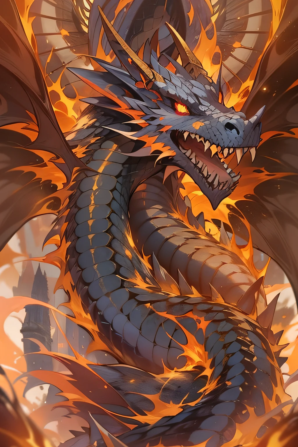 "Immerse yourself in the awe-inspiring grandeur of an enigmatic dragon bathed in the ethereal glow of infernal flames, as ancient symbols channel its mystical power,god,au"