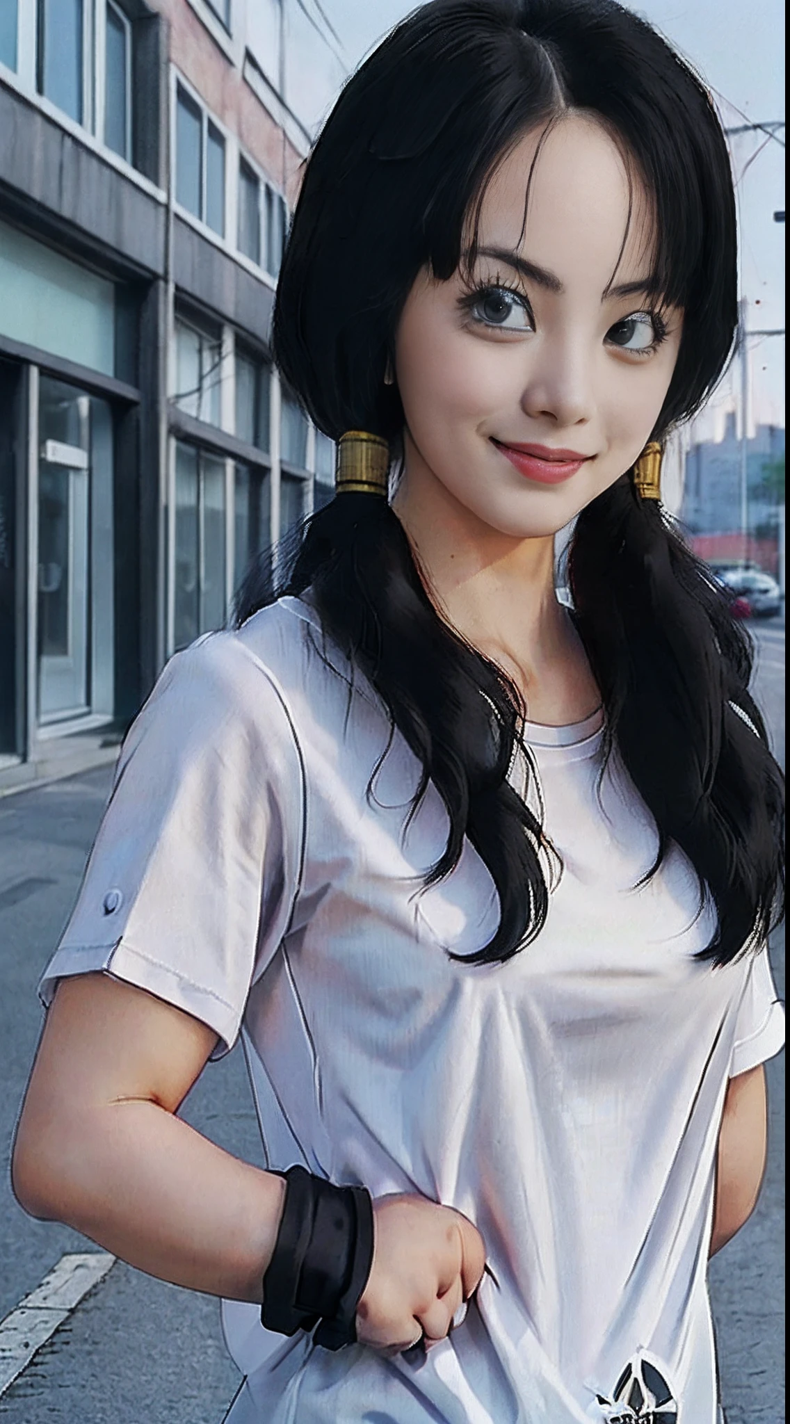 ((masutepiece:1.4, Best Quality)), ((masutepiece, Best Quality,8K)), (photographrealistic:1.4), (Female, Medium chest, Smile, 年轻, saw, Black hair, Twin-tailed, White T-shirt, gloves ), (Urban towns, Downtown), Professional Lighting, Physically-based rendering