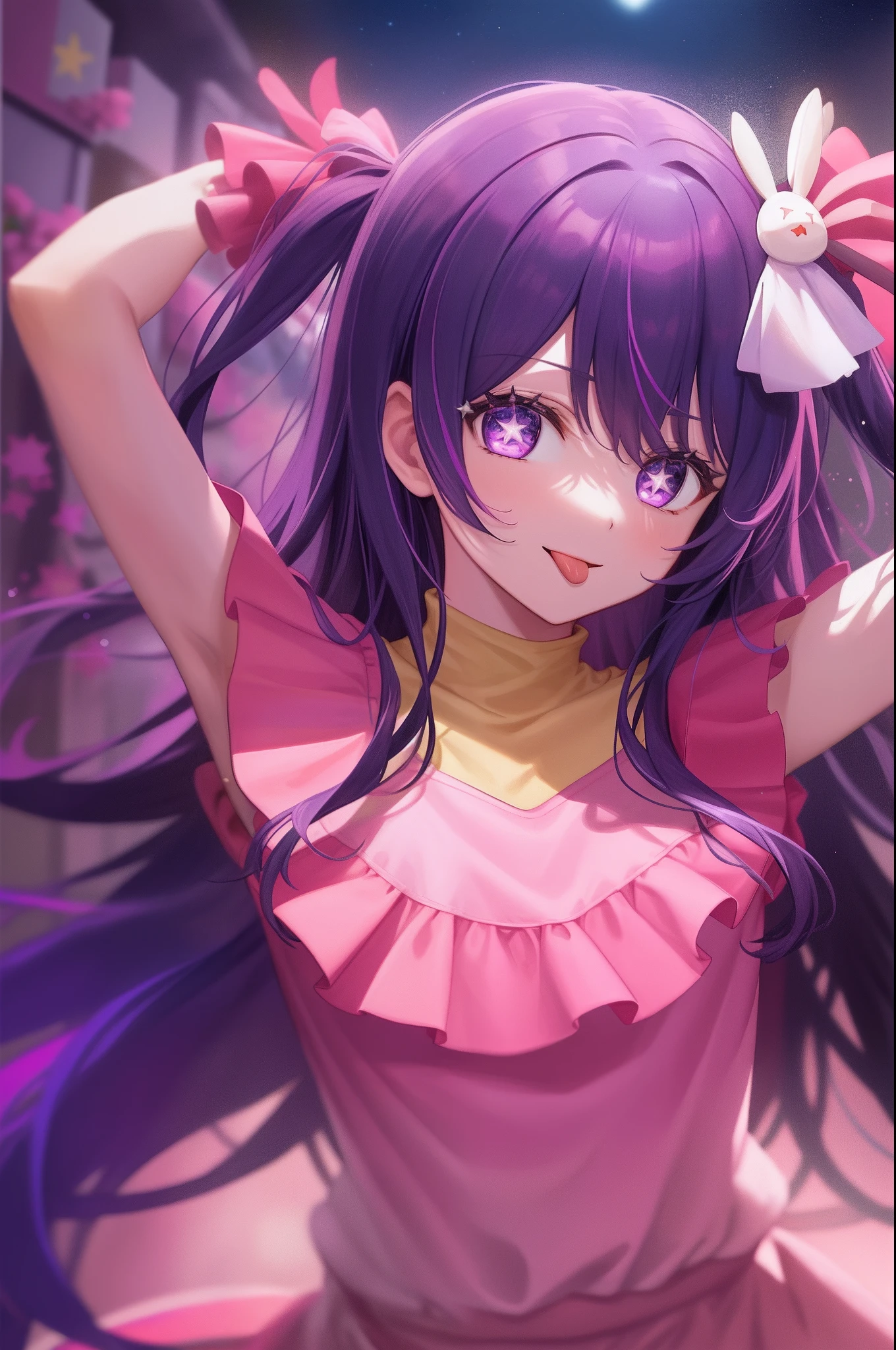 (best quality), (ultra_detailed), finely detail, (Depth of field), HshinoAi,gloves, tongue out, tongue, long hair, star \(symbol\), looking at viewer, (purple hair:1.2), purple eyes, upper body, hair ornament, :p, frills, pink shirt, smile, sleeveless, shirt, idol, symbol-shaped pupils, hands up, bangs, one side up, star-shaped pupils, arms up, dress pull, sky, flower, cliff,