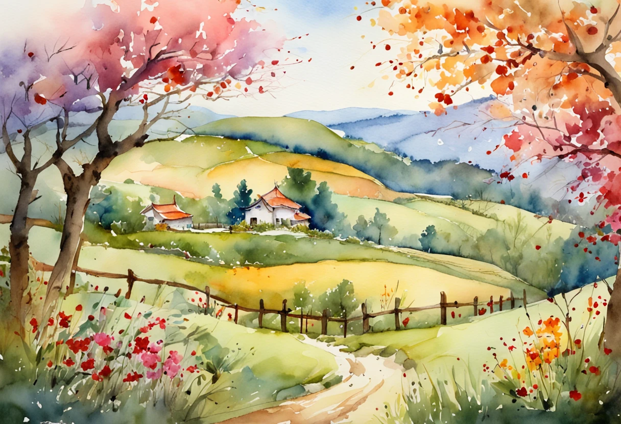 ultra - detailed, 超高分辨率, Watercolor illustration of Mid-Autumn countryside, lush colors, Splendid scenery, Dreamy atmosphere, light bloom