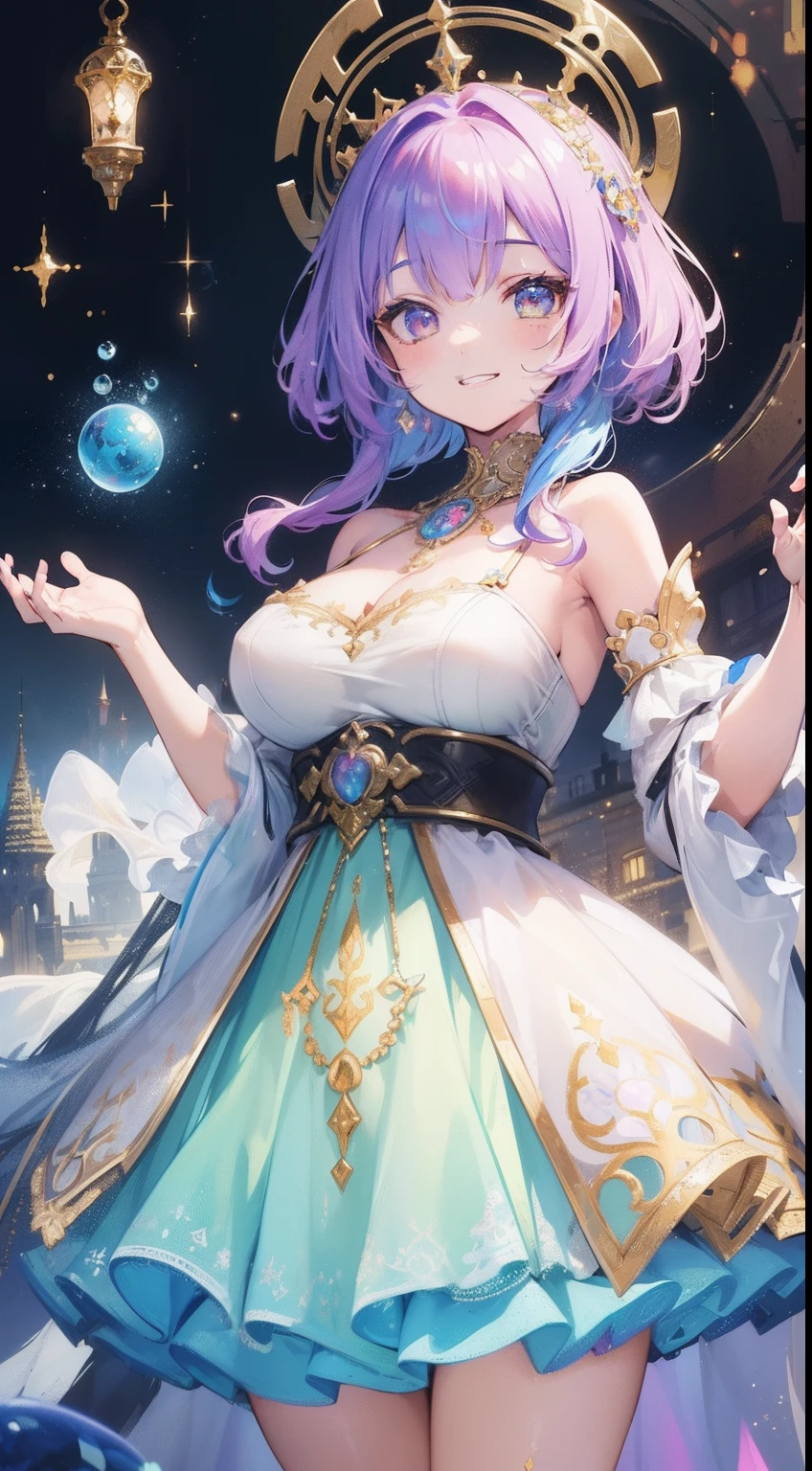 (((masterpiece, best quality, 8k resolution, sharp focus, Intricate details, beautiful girl, glowing eyes, Face Golden Ratio, otherworldly liquid, watercolor, ((Pastel)), Bright colors, whimsical, Multifaceted, focus sharp, very high resolution, fine detail, princess costume sexy ball, ((round eyes)), iridescent bubbles, castle landscape in background), standing, (mouth open), lips, (smiling), (teeth)