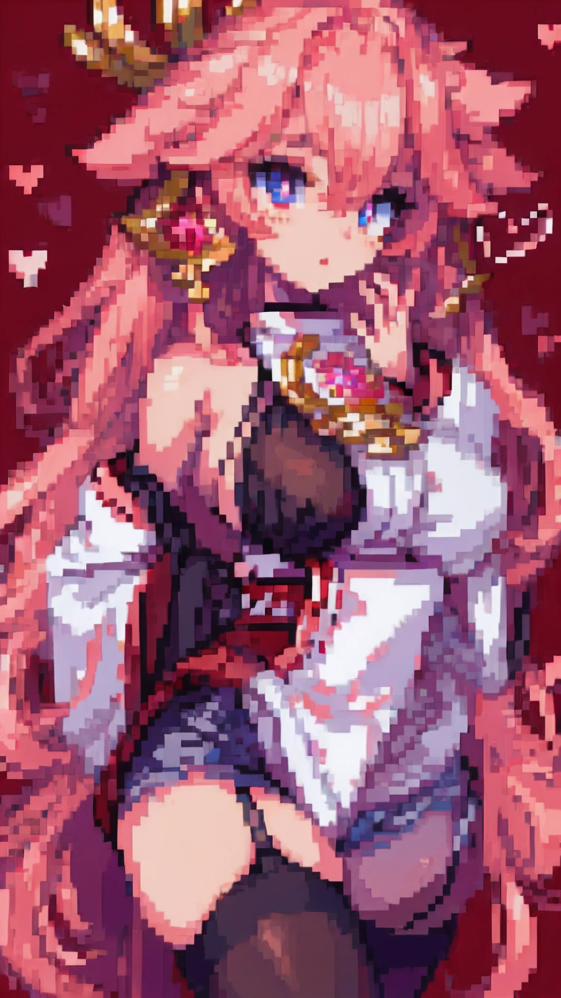 Yae Miko,pixal style ,(A white border around a dark red rectangular background:2.5),cropped shoulders,C cup,Ultra shorts,black lence stockings,High detail,Moles under eyes, Heart-shaped pupils,Love pupils,Fleshy thighs,highly rendered,detailed face with