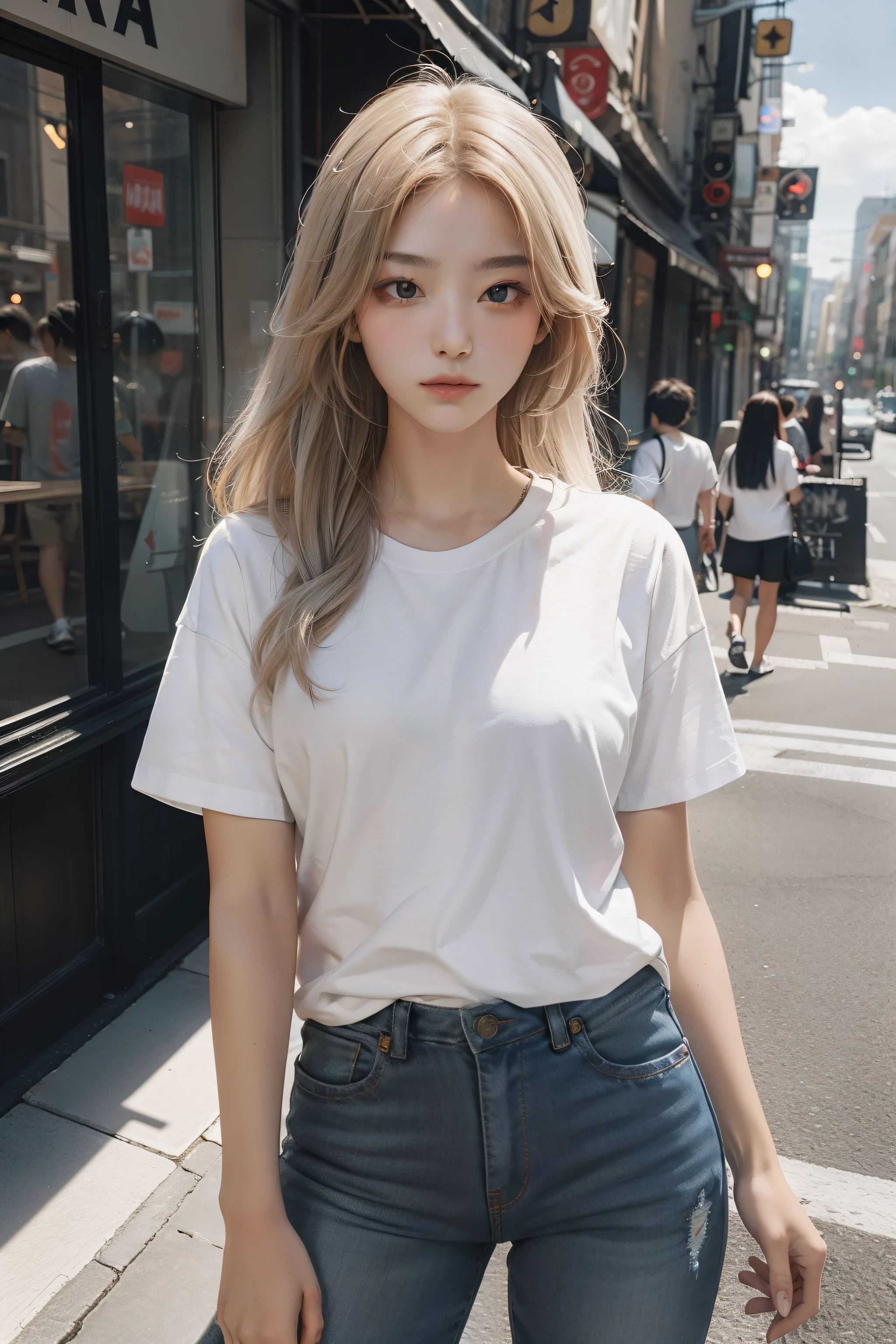 A woman in white shirt and jeans standing on the street - SeaArt AI