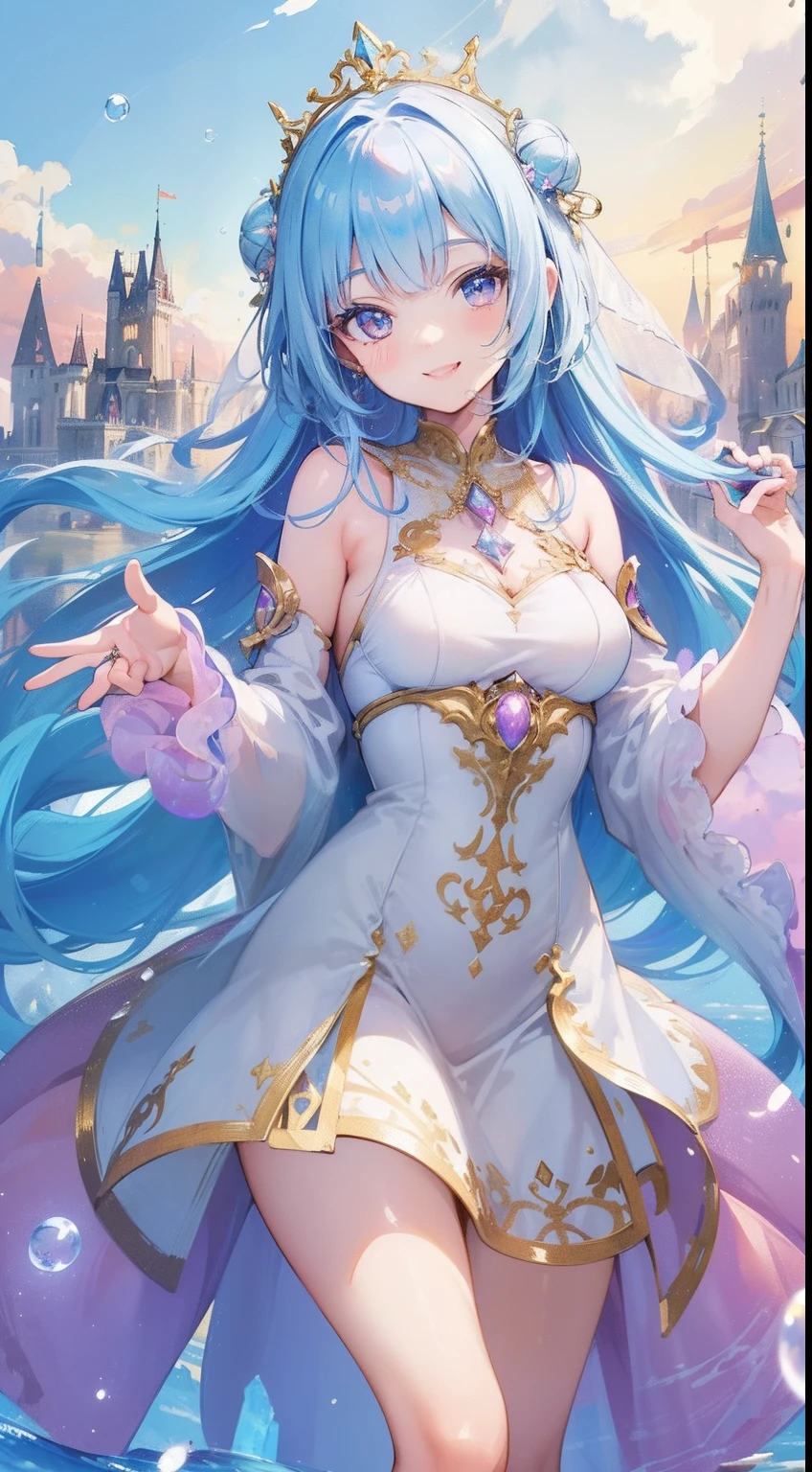 (((masterpiece, best quality, 8k resolution, sharp focus, Intricate details, beautiful girl, glowing eyes, Face Golden Ratio, otherworldly liquid, watercolor, ((Pastel)), Bright colors, whimsical, Multifaceted, focus sharp, very high resolution, fine detail, princess costume sexy ball, ((round eyes)), iridescent bubbles, castle landscape in background), standing, (mouth open), lips, (smiling), (teeth)