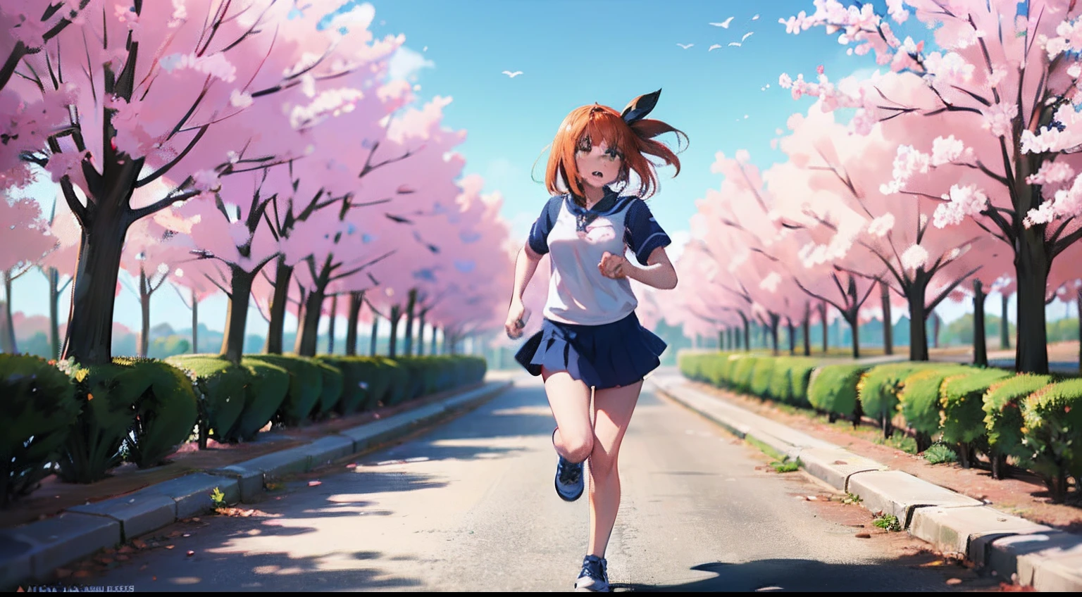 Chica se acerca corriendo Hacia ti en frente, primer plano, yotsuba nakano, yotsuba, escuela, liston verde, cabello naranja, cabello corto, ((falda verde)),corriendo, chica anime, anime, enfrente, primer plano, corriende en primer plano, ((con los brazos abiertos)), ((Approach)), afuera de la escuela, sola, (enfrente), ((posando para una foto)), ((corriendo con los brazos abiertos))