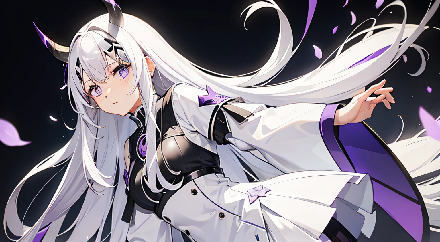 white skirt,Gray hair is dyed purple,There are large purple horns on the head,Big long hair