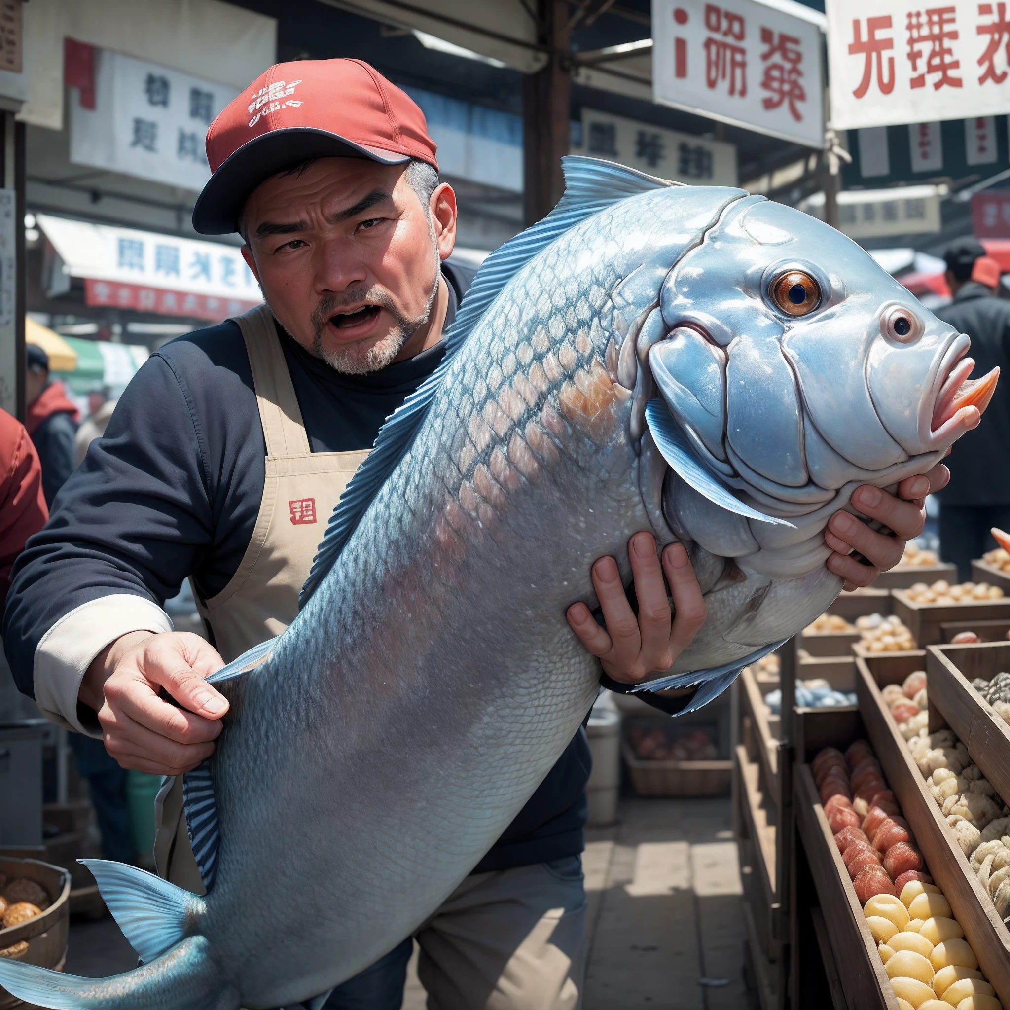 hyper HD，highest details，best qualityer，The background is a bustling fish market，In front of him is a close-up of a fishmonger，Open-mouthed，Speak loudly，agitated，超高分辨率，tmasterpiece --auto