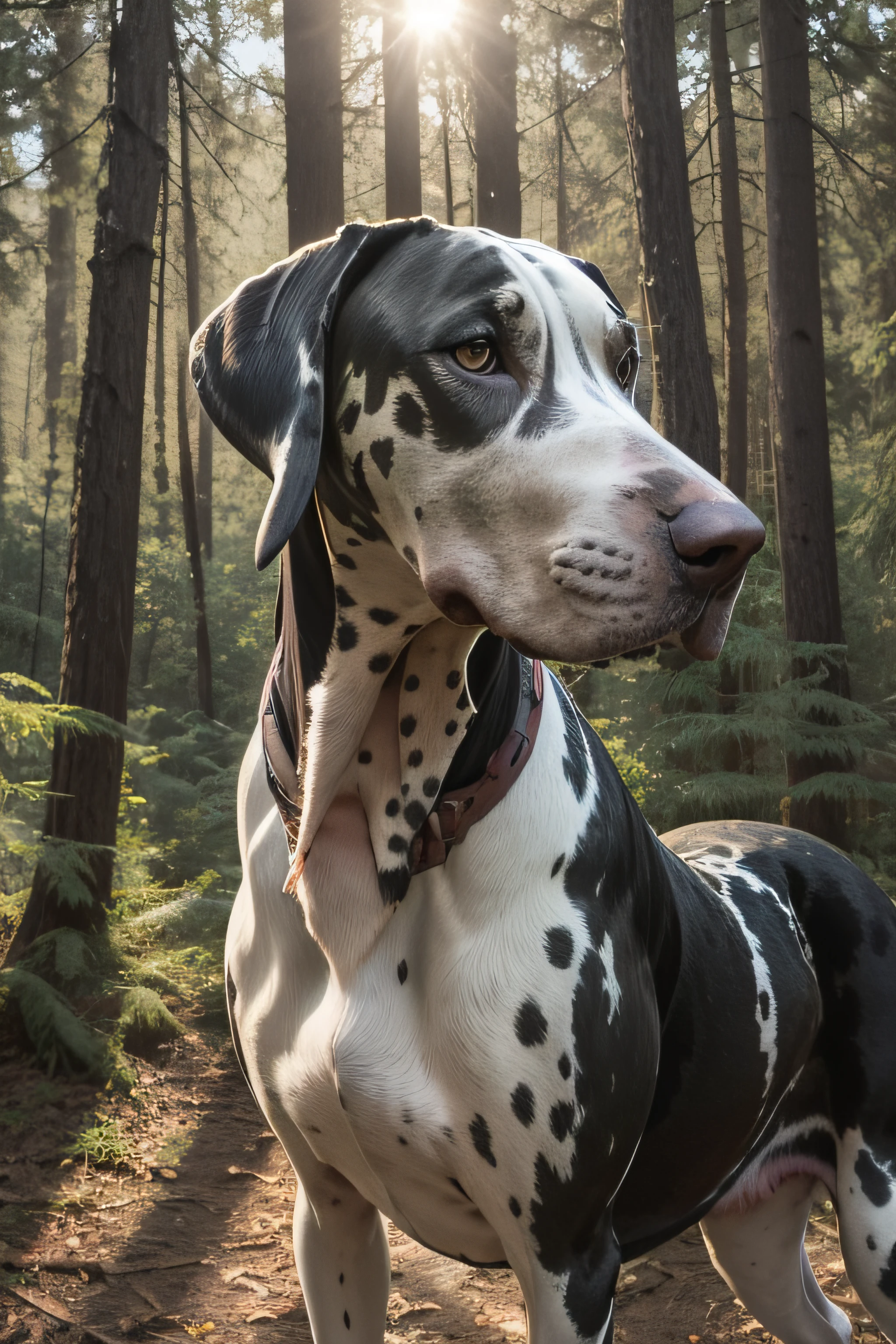 "Majestic female harlequin Great Dane in the forest"