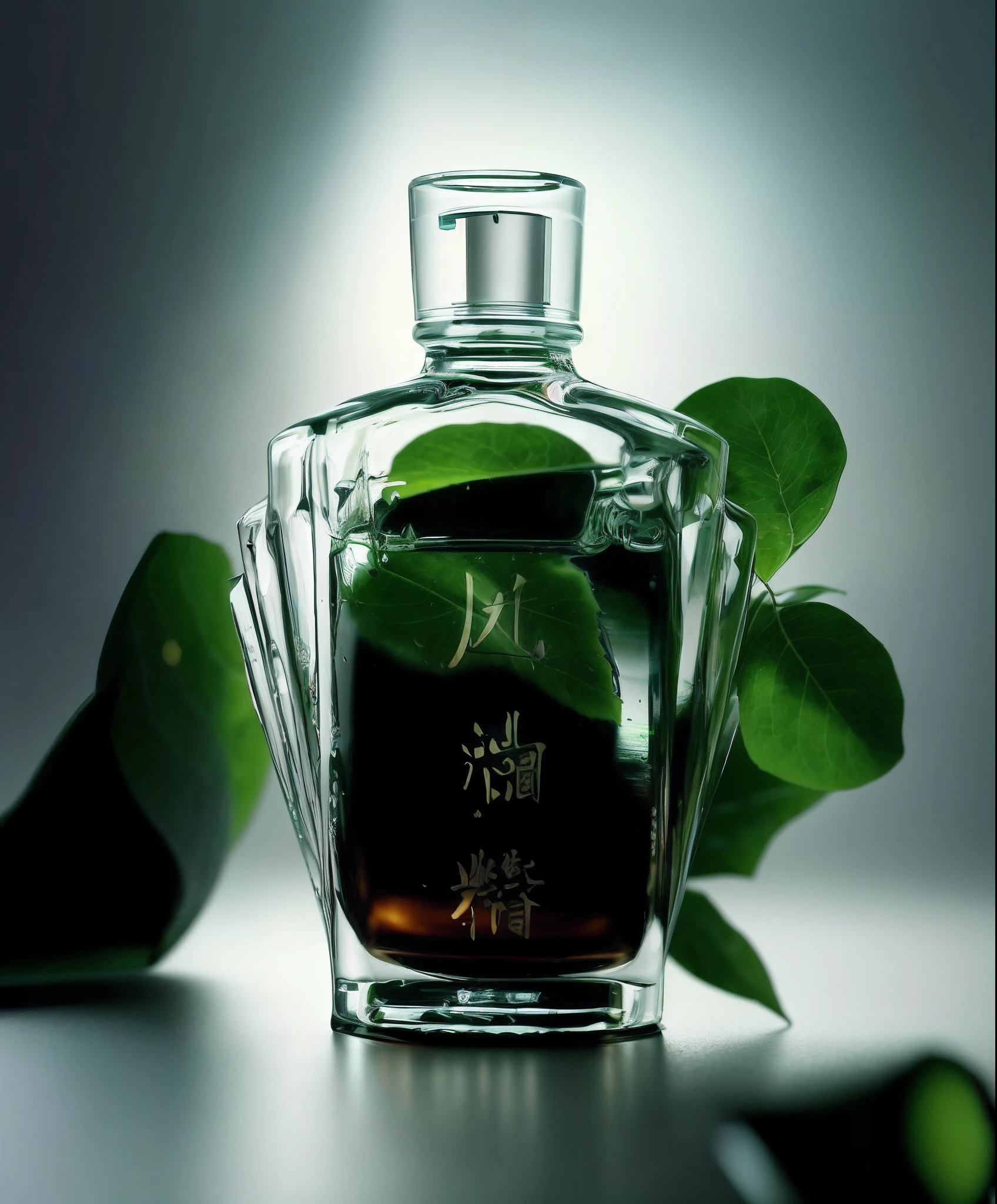 A bottle of green liquid,Green lid, beautiful green liquid, full of greenish liquid, daoshu, su fu, inspired by Hu Zao, suiboku - ga ink, nanquan, Wang Chen, carrying a bottle of perfume, Eat Zhuoxin, hyper realistic poison bottle, perfume,A sense of luxury,a plant
