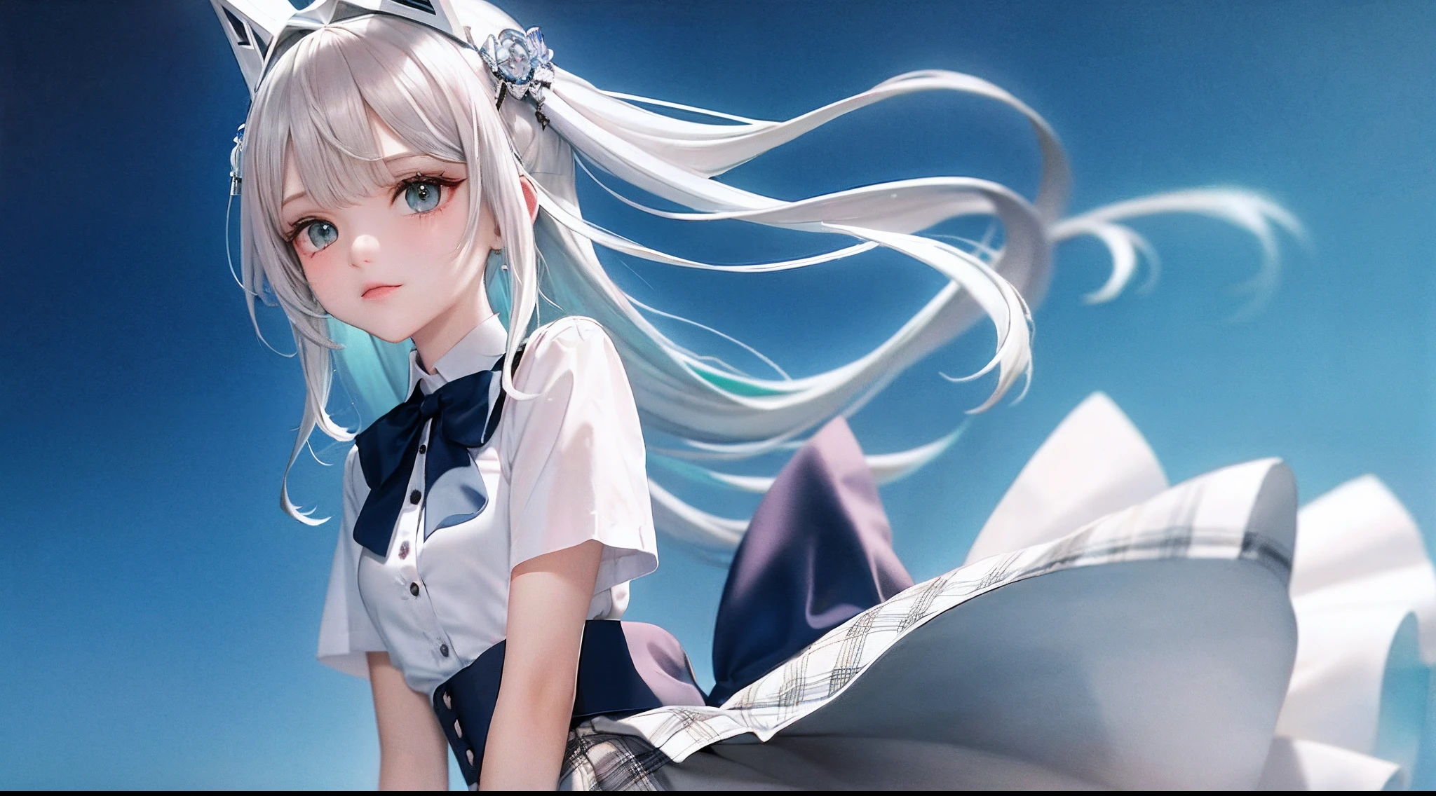 1girl, (masterpiece:1.1), (best quality:1.1), (white blouse:1.1), (plaid skirt:1.1), school uniform, high waist skirt, BREAK [blue:pink:0.5] theme, (gradient background:1.1 ), cowboy shot, BREAK silver hair, long hair,, green eyes, delicate headgear, looking sideways,