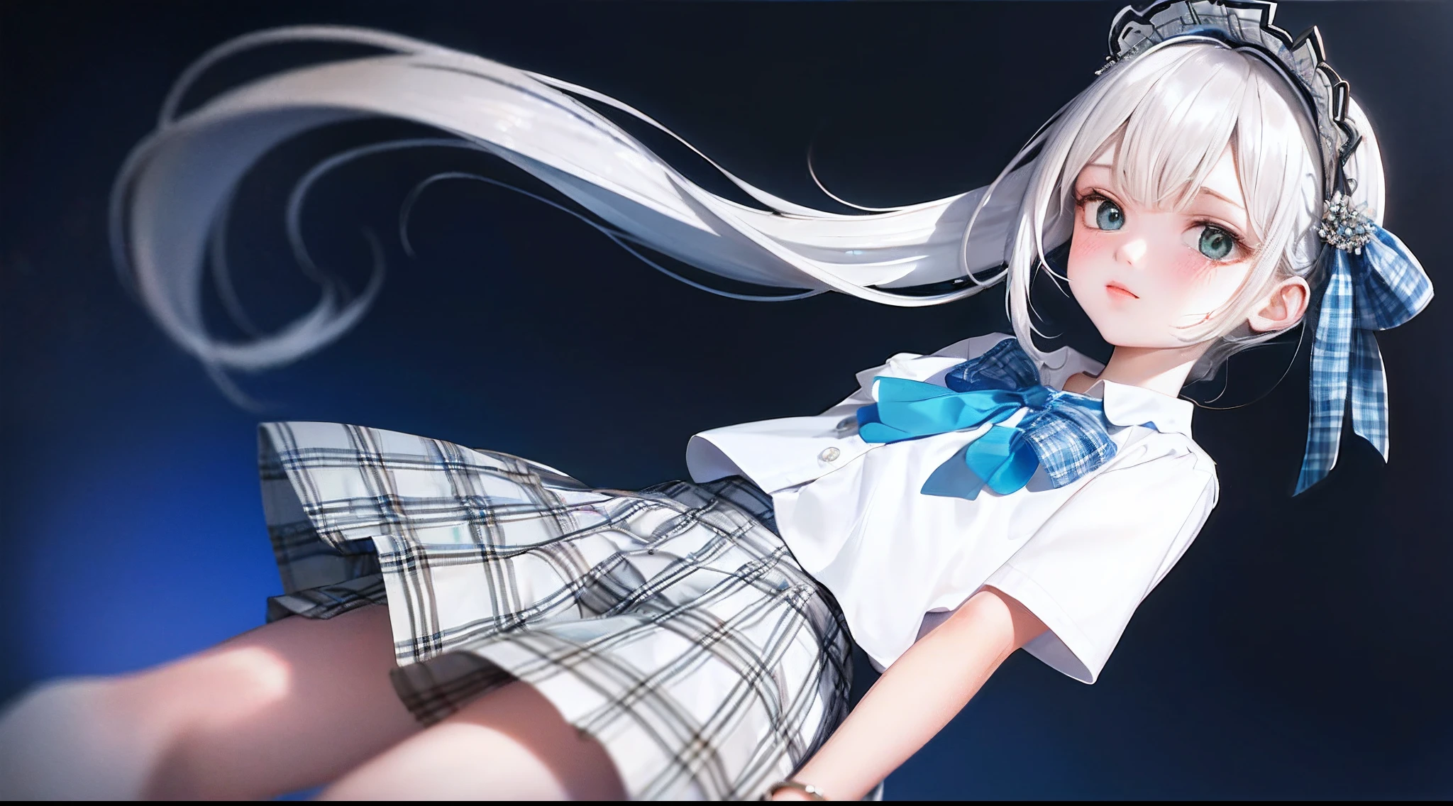1girl, (masterpiece:1.1), (best quality:1.1), (white blouse:1.1), (plaid skirt:1.1), school uniform, high waist skirt, BREAK [blue:pink:0.5] theme, (gradient background:1.1 ), cowboy shot, BREAK silver hair, long hair,, green eyes, delicate headgear, looking sideways,