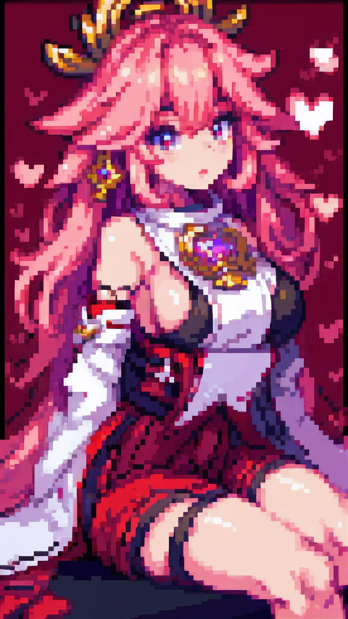 Yae Miko,pixal style ,(A white border around a dark red rectangular background:2.5),Sitting down,Back view,cropped shoulders,C cup,Ultra shorts,black lence stockings,High detail,Moles under eyes, Heart-shaped pupils,Love pupils,Fleshy thighs,highly rendered,detailed face with