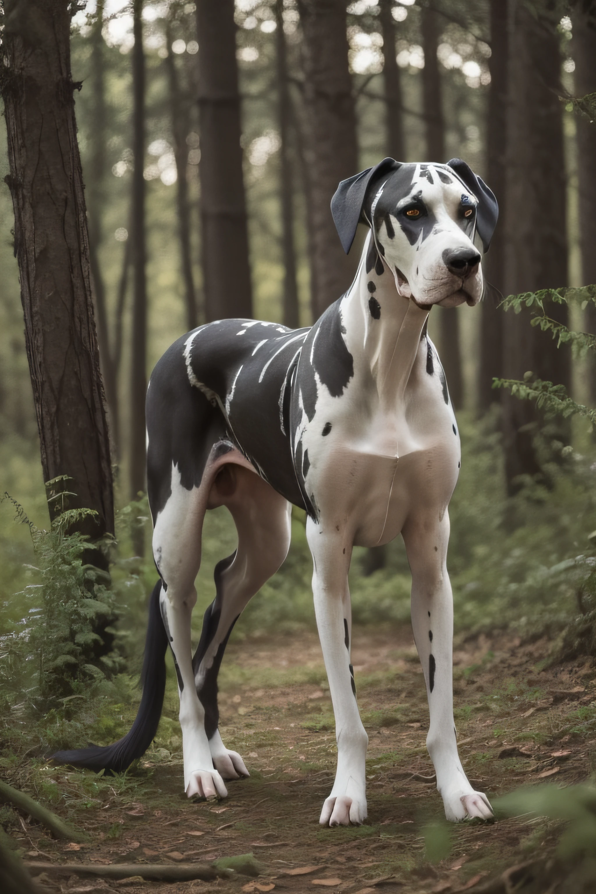 "Majestic harlequin female Great Dane in the forest"