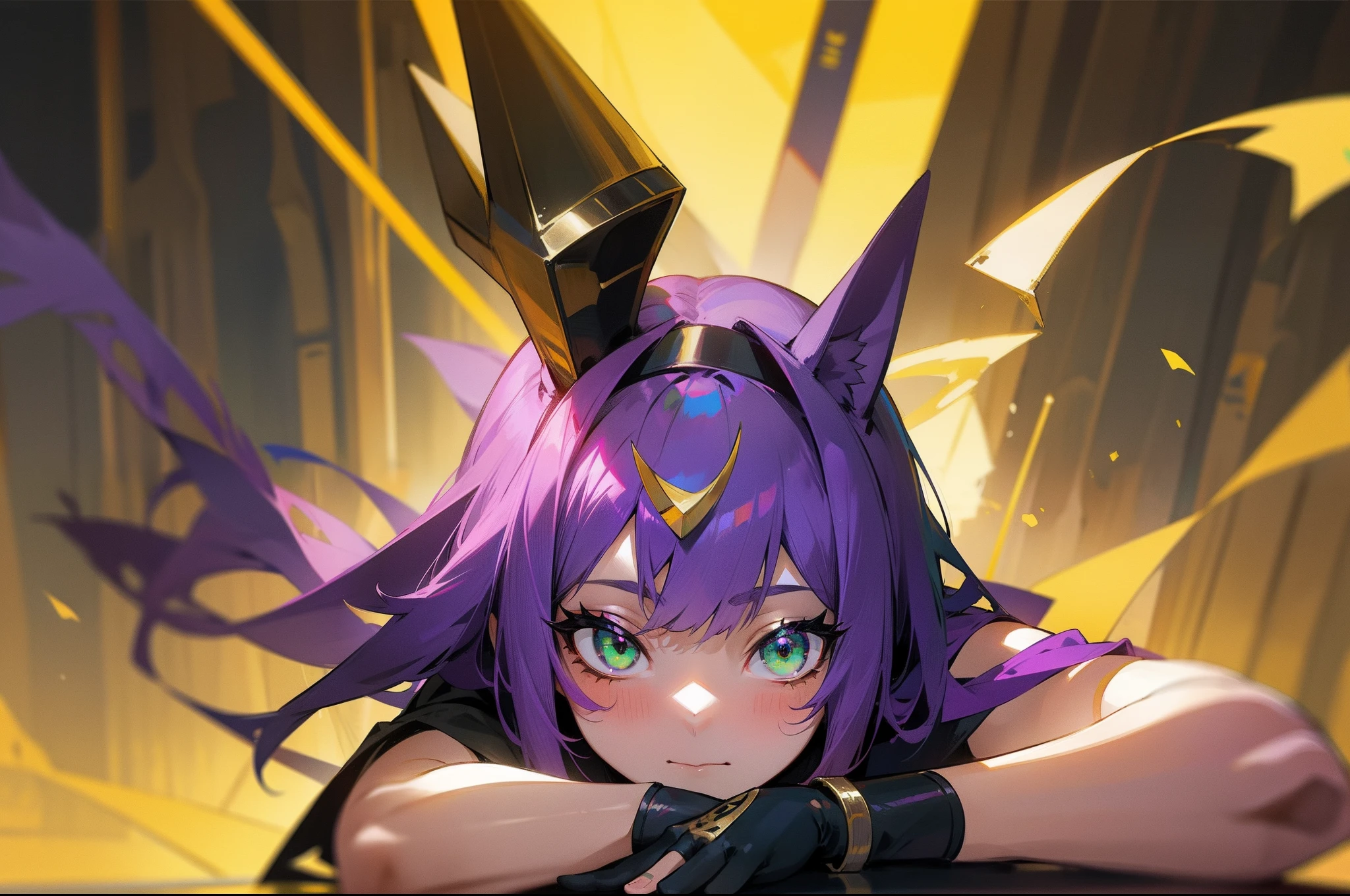 Short thin purple hair,s girl,Dog head mask,Anubis elements,Pharaoh's scepter,Green eyes