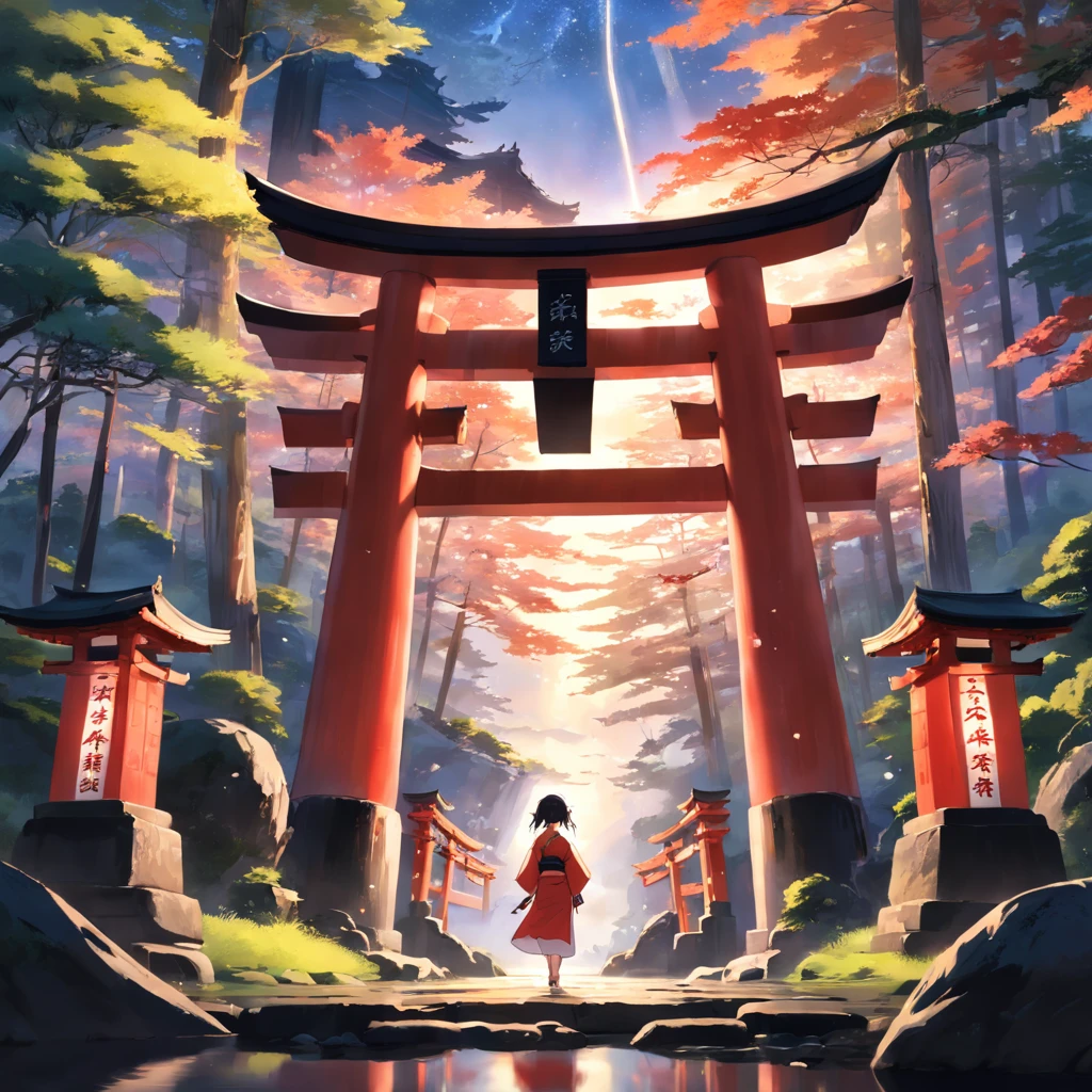 masterpiece, best quality, movie still, 1girl, cloud girl, floating in the sky, close-up, bright, happy, warm soft lighting, sunset, there is a tori tori tori gate in the woods with a chain, torii in a moutain with trees, japanese torii in a moutain, near a japanese shrine, japanese shrine, shinto shrine, inspired by Torii Kiyomoto, inari shrine, centered torii gate, torii gate, placed in a lush forest, torii in the background (sparks:0.7)