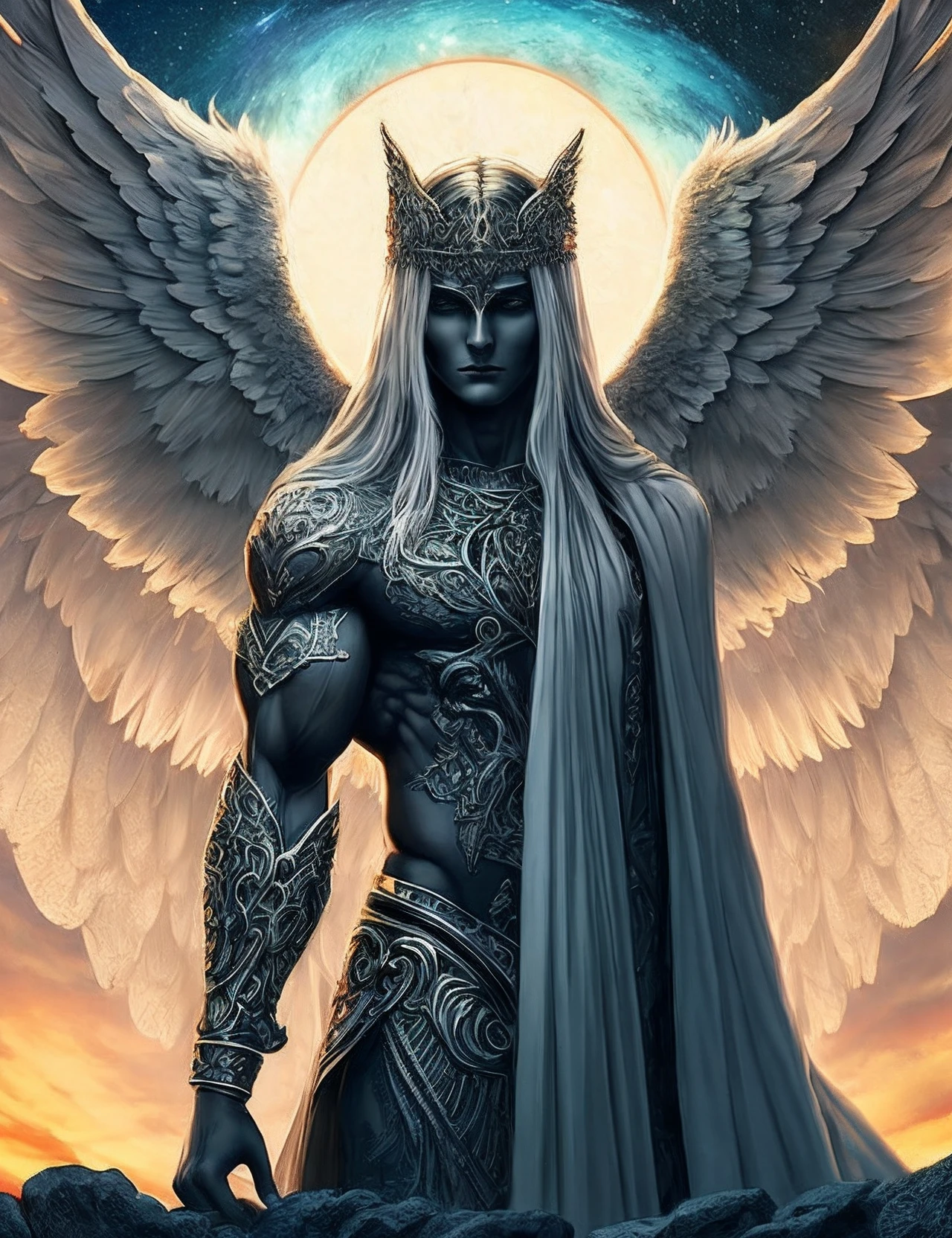 natural color gothic mythology mystery nightmare universe dream anthropomorphic muscle body angel michael wings, High quality, extremly intricate, With a curious style and exciting ideas