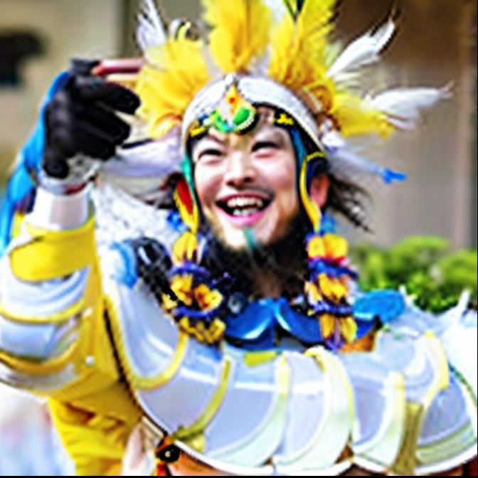 Laughing man with white and yellow feather headdress on head