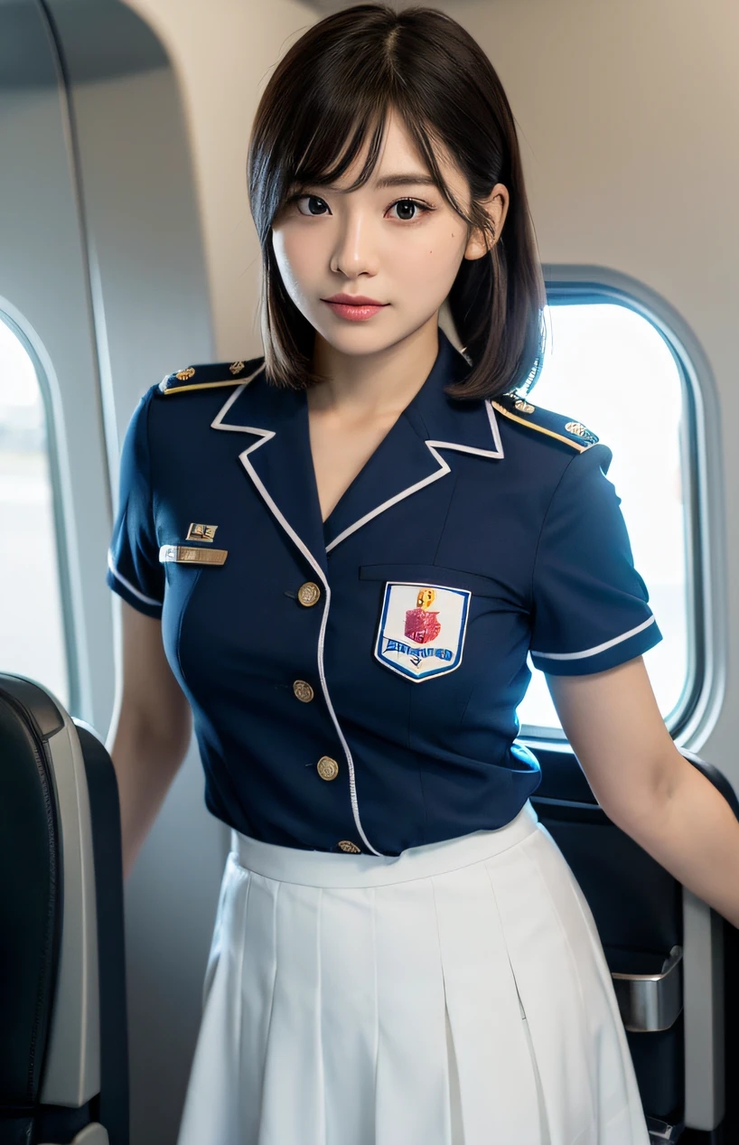 Ultra-realistic 4K photos，Ultra photo realsisim，on focus，face perfect，beauitful face，lots of fine detail，photography of，photographrealistic，top-quality，highest details，Third-person view，Long exposure，8K，hyper HD，Hyper-detailing，awardwinning photo，
Stewardess， in an airplane， short detailed hair， poneyTail， Korea， 韓国アイドル， Korean  beauty， full body Esbian，open-shirt， White skirt， Blue Short Sleeve Aviation Uniform，