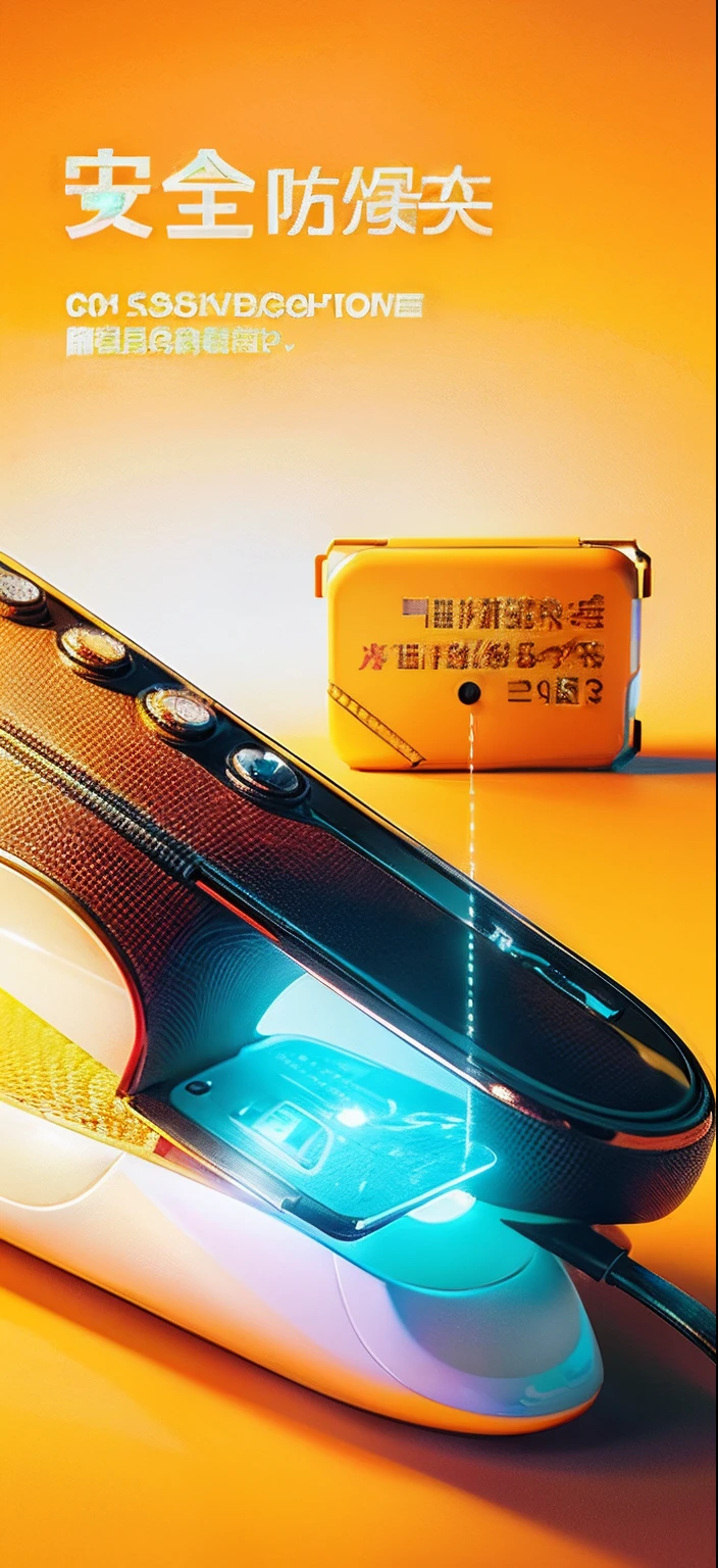There is a picture of the device with a remote control, Wang Chen, bottom - view, with backlight, backlight body, smooth technology, product - view, Ultra-detailed, ultra - detailed, Detailed picture, super high detail picture, High quality], stunning high tech, Strong backlight, uv, closeup - view, qiangshu，sense of science and technology，piercingeyes，Cool orange background，Vray rendering，Hyper-realistic rendering，future-tech