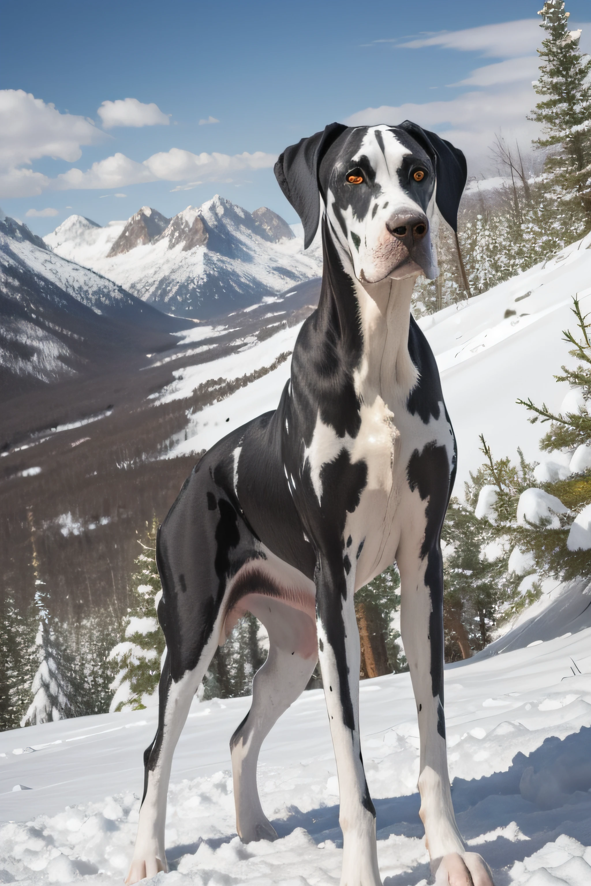 "Majestic harlequin female Great Dane on a snowy mountain"