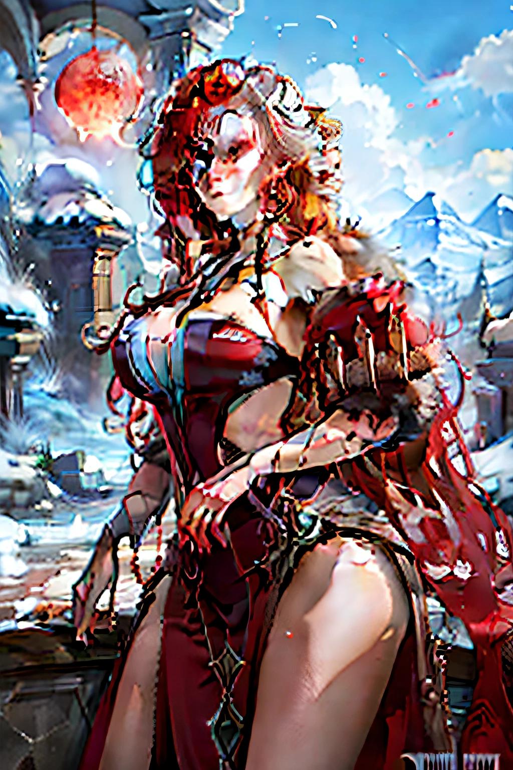 Epic fantasy giant white castle,verytall,The background is mountains and a sky with a red moon,one-girl,Long curly crimson hair,Red sleeveless jumpsuit,Black eyes
