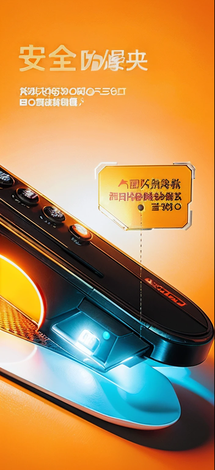 There is a picture of the device with a remote control, Wang Chen, bottom - view, with backlight, backlight body, smooth technology, product - view, Ultra-detailed, ultra - detailed, Detailed picture, super high detail picture, High quality], stunning high tech, Strong backlight, uv, closeup - view, qiangshu，sense of science and technology，piercingeyes，Orange background