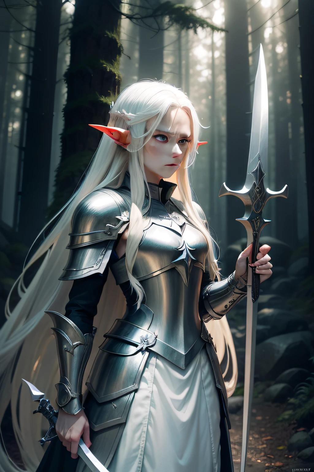 Long blonde hair,the elf,Cold eyes,Holding a sacred sword,Two-dimensional anime style,Dressed in silver-white armor,There is a dull hair on the head,Standing in the forest and looking into the distance, the evil dragon,4K