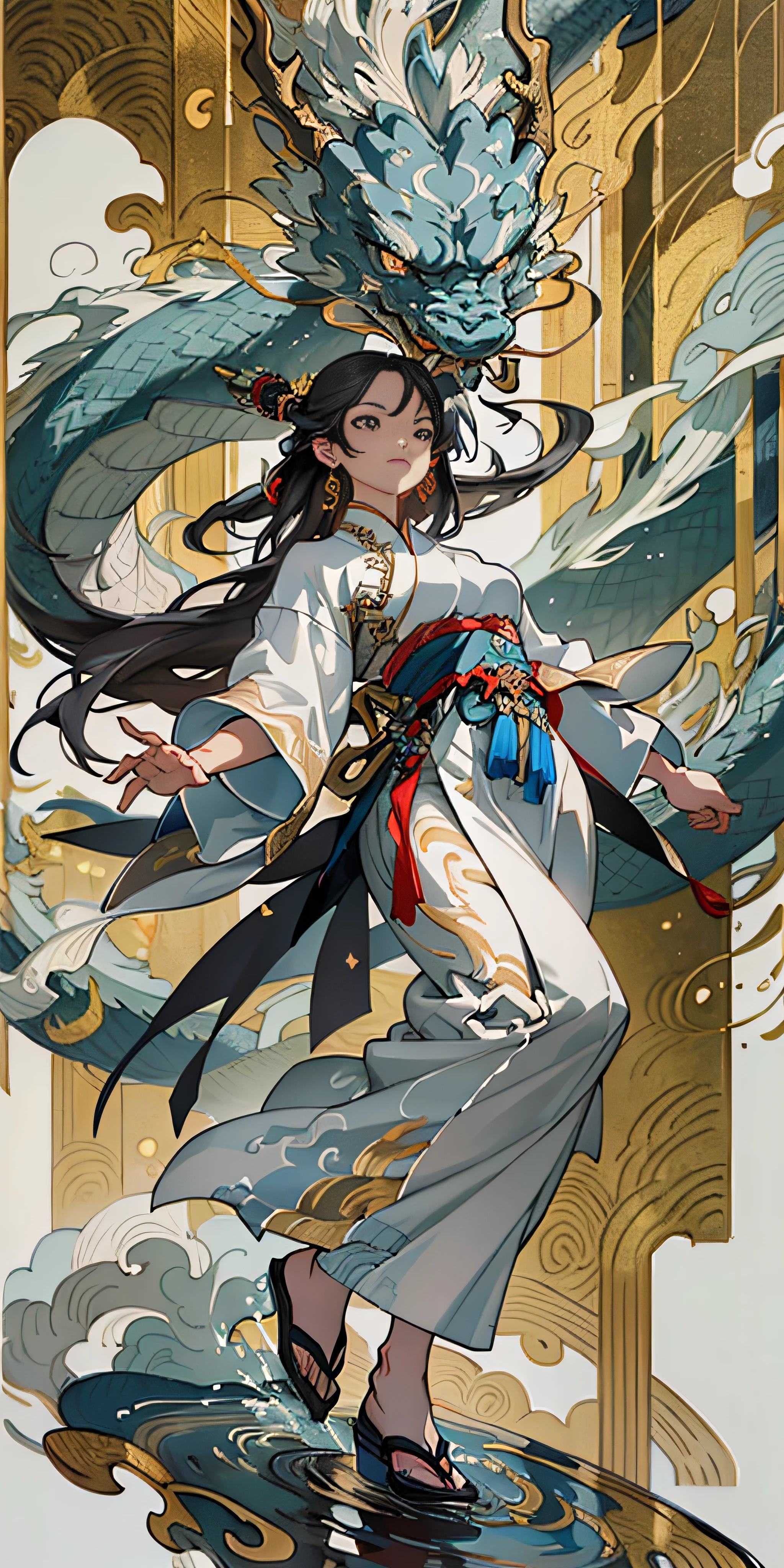 masterpiece,((best quality)),1girl,full body,Hanfu,exquisite face,beautiful eyes,black eyes,firm facial expression,long hair,flying hair,dynamic posture,combat,water,flowing smoke,(flowing ink:1.3),interior,Chinese architecture,Chinese painting style,full body,A dress with gold patterns,masterpiece,highres,extremely detailed wallpaper,perfect lighting,(extremely detailed CG:1.2),drawing,paintbrush,chinese dragon,(A splash of water),It has gold markings on clothes,depth of field,Richer details,.,above clouds,lightning,lightning background,masterpiece,best quality,
