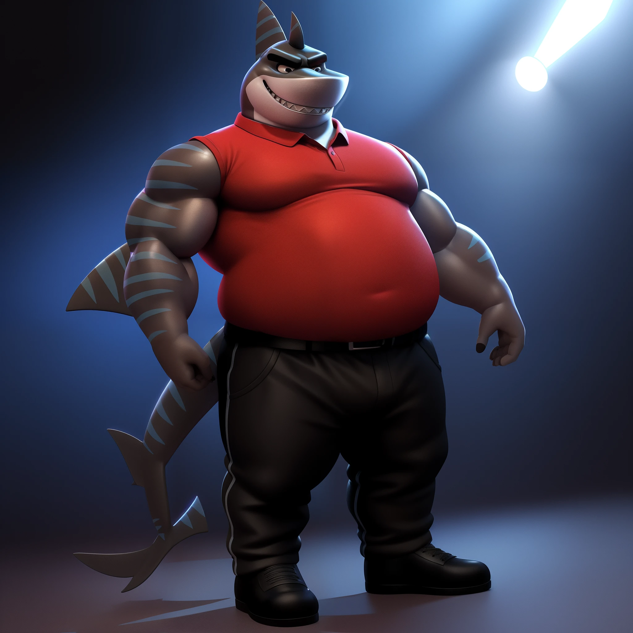 Masterpiece, render 3d, beautifull lighting, chibi style rImagine Mr. Shark, the stocky and strong humanoid shark from the movie "The Bad Guys". He has a fat and chubby build, with a body similar to that of a shark, but with humanoid features. Its skin is a dark greyish tone and it has prominent fins on its arms and legs. Its head is similar to that of a shark, with sharp white teeth and big eyes. He is dressed with red polo, black pants and black shoes. ((1 character))