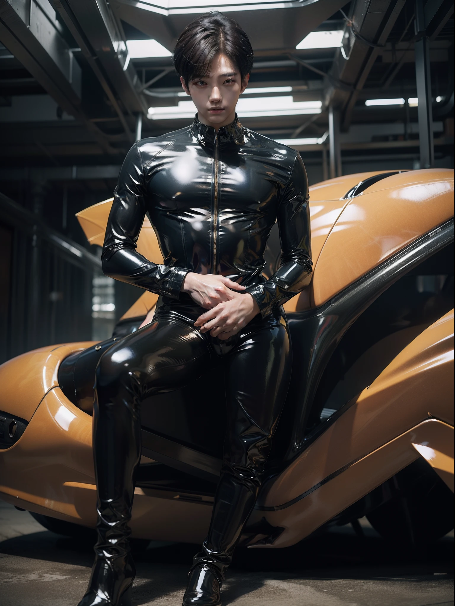 Hwang Hyun-chen Shiny latex suit Young Korean male Full body photo Trapped in a quagmire Tight latex suit