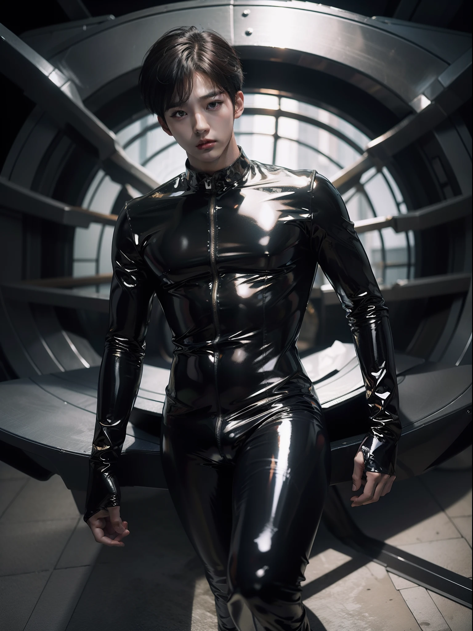 Hwang Hyun-chen Shiny latex suit Young Korean male Full body photo Trapped in a quagmire Tight latex suit