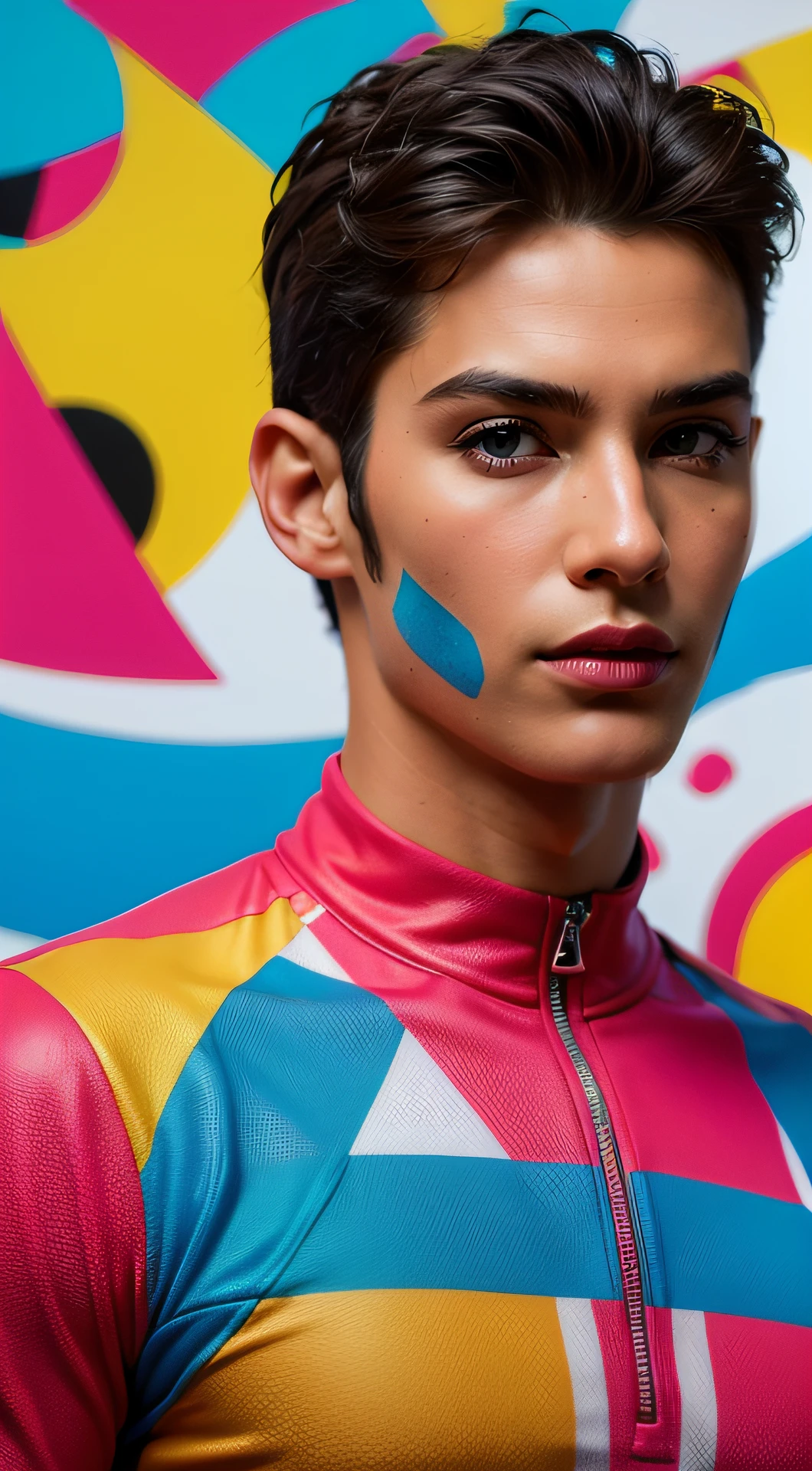 (un hombre, LOÏC BRUNI, 35 years old., French mountain biking competitor, Posa de frente y relajado, alegre, sonriente. Eduardo Kobra ,Romero Brito,Los gemelos que se llenan ,multidimensional geometric wall PORTRAIT, arte, Chibi, yang08k, Beautiful, Colorante, Obras primarias, calidad superior, La mejor calidad, arte oficial, beautiful and aesthetic, 512 mil
