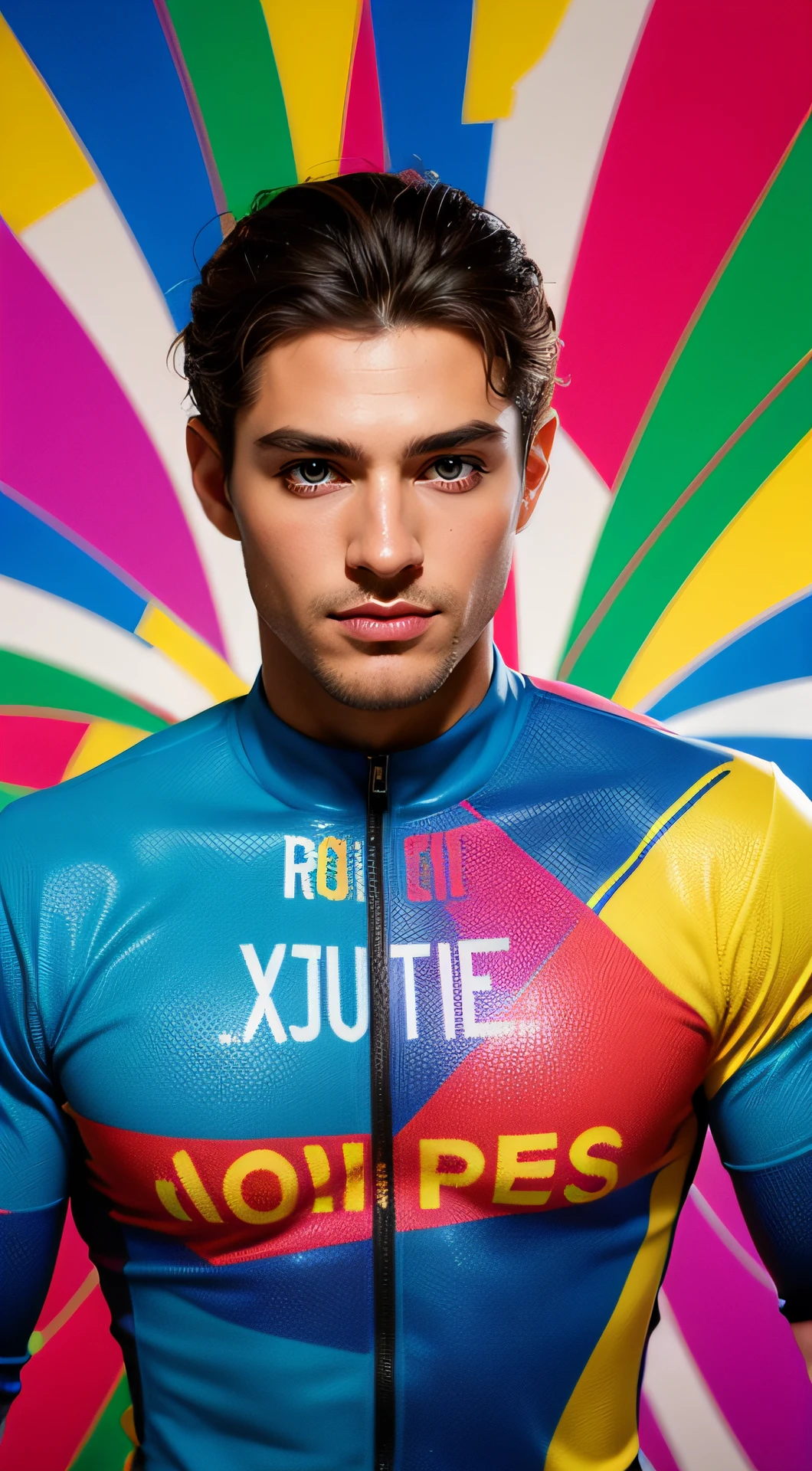 (un hombre, LOÏC BRUNI, 35 years old., French mountain biking competitor, Posa de frente y relajado, alegre, sonriente. Eduardo Kobra ,Romero Brito,Los gemelos que se llenan ,multidimensional geometric wall PORTRAIT, arte, Chibi, yang08k, Beautiful, Colorante, Obras primarias, calidad superior, La mejor calidad, arte oficial, beautiful and aesthetic, 512 mil