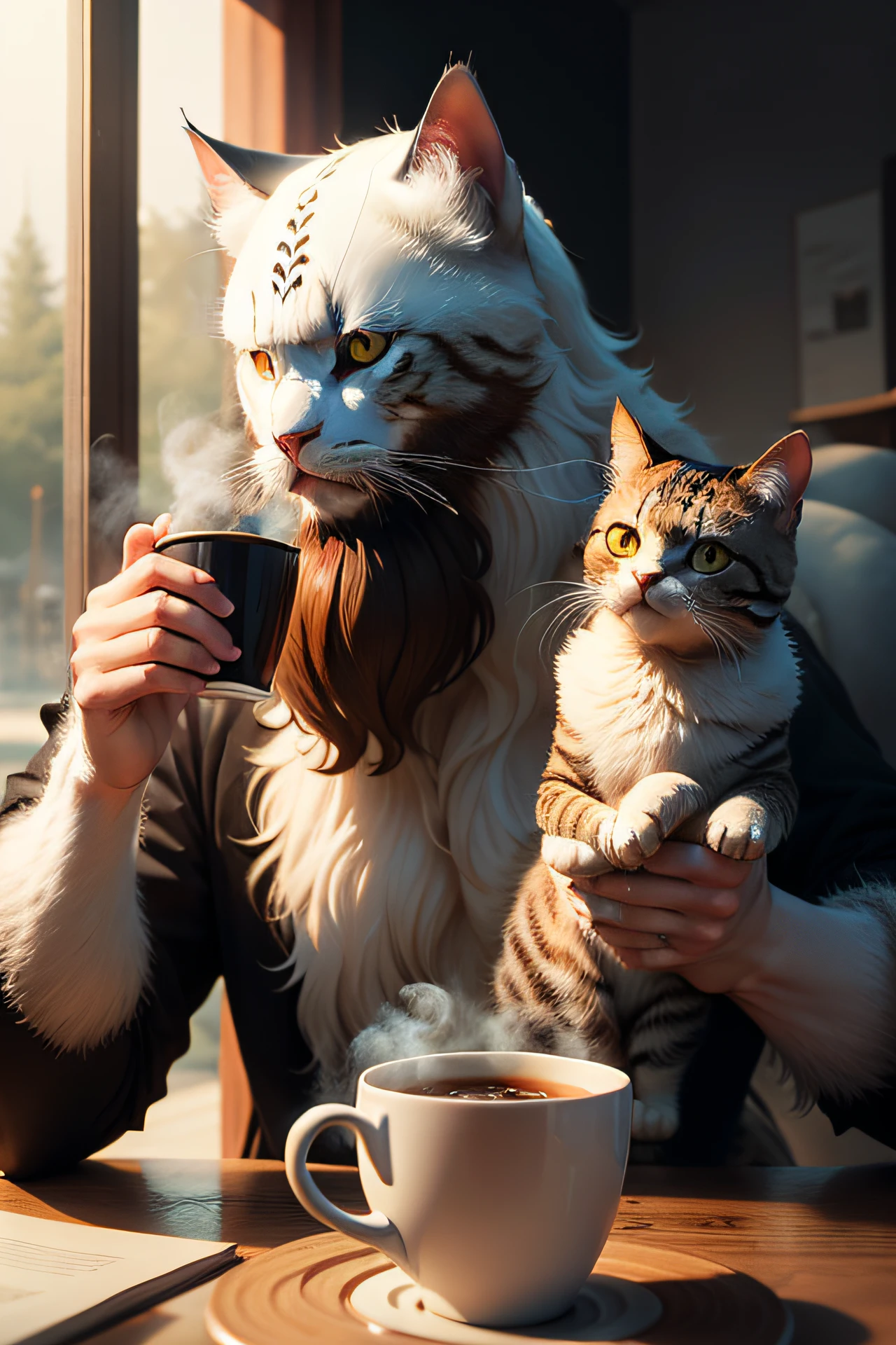 cat with long beard having coffee. misty evening. weirdcore . ultra realistic. 1080*1080